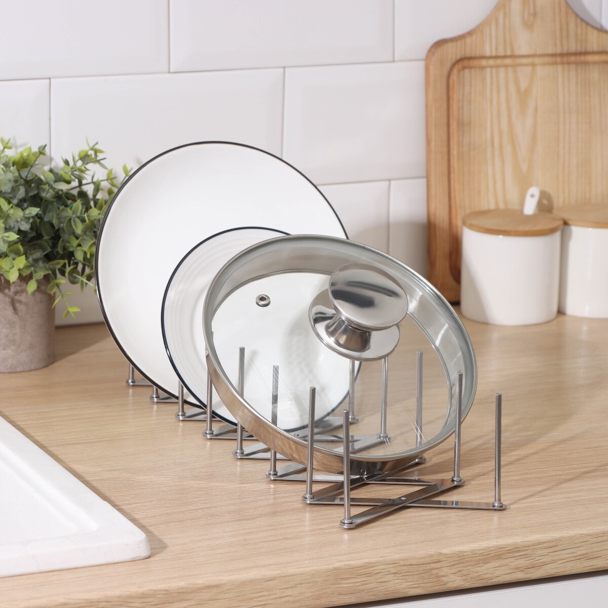 фото Держатель кухонный для крышек, сковород, тарелок, нержавеющая сталь, цвет серый no brand