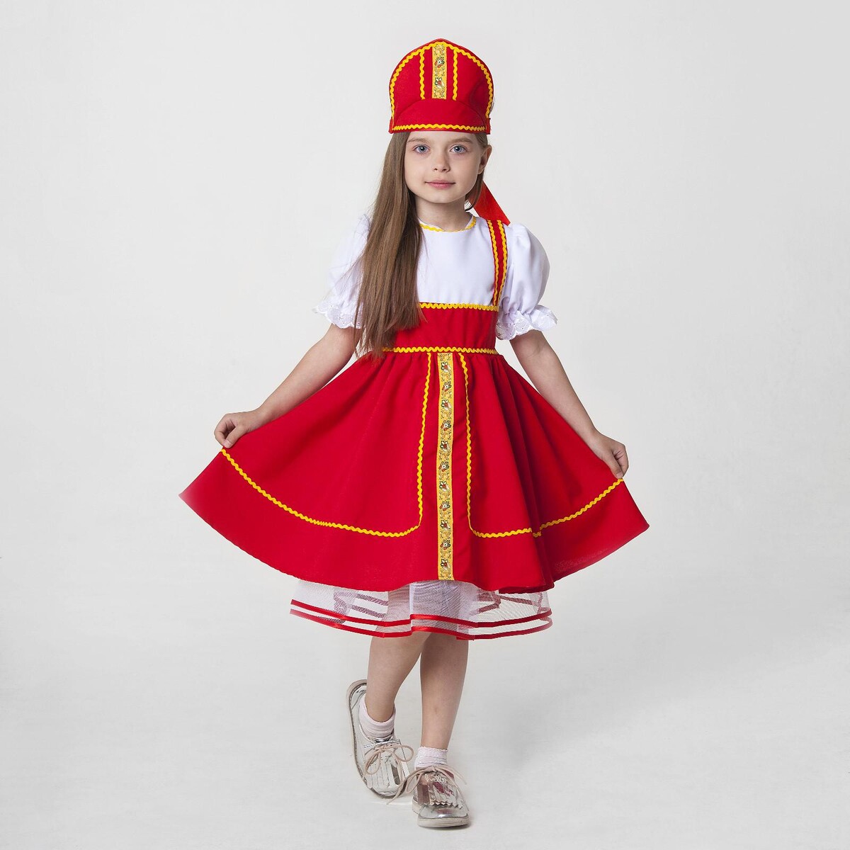Русский народный костюм, кокошник, сарафан с рубашкой, цвет красный, рост 122-128, 6-7 лет русский мир дрездена