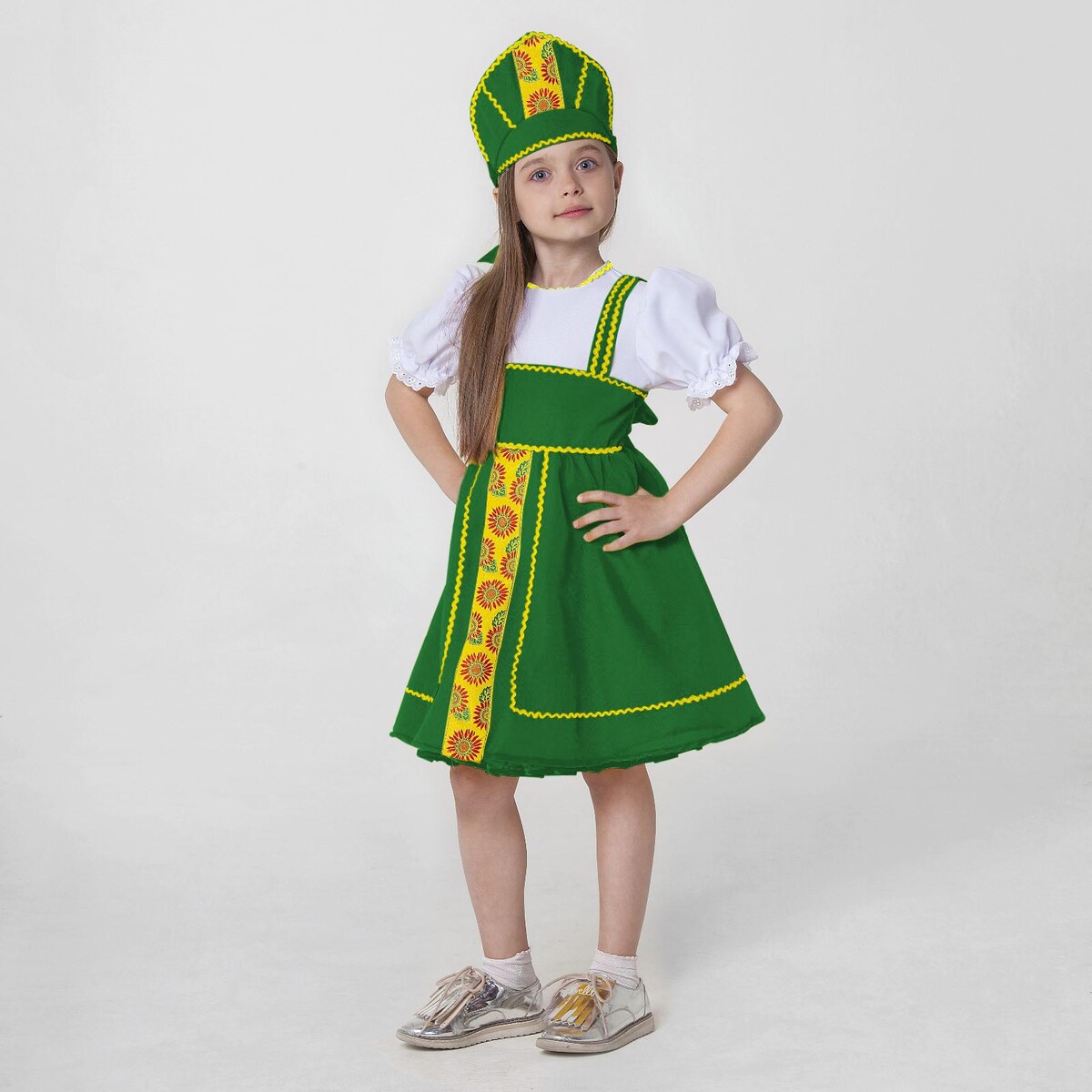 Костюм русский народный, платье, кокошник, рост 122-128 см, 6-7 лет, цвет зеленый