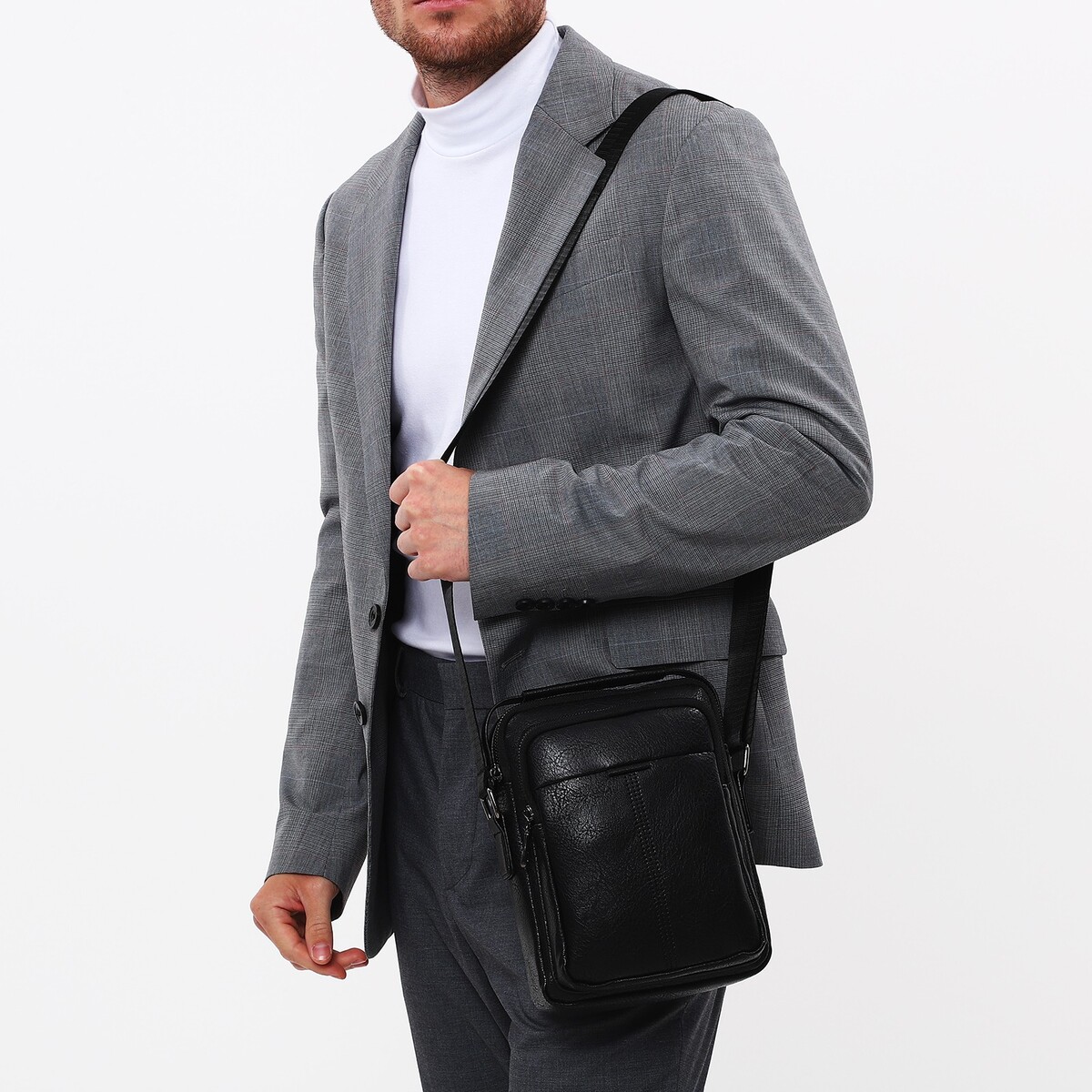 Сумка мужская на молнии, 2 наружных кармана, длинный ремень, цвет черный No brand, размер средний 04879255 планшет - фото 1