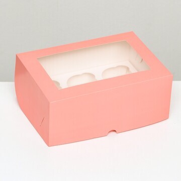 Упаковка на 6 капкейков с окном, розовая