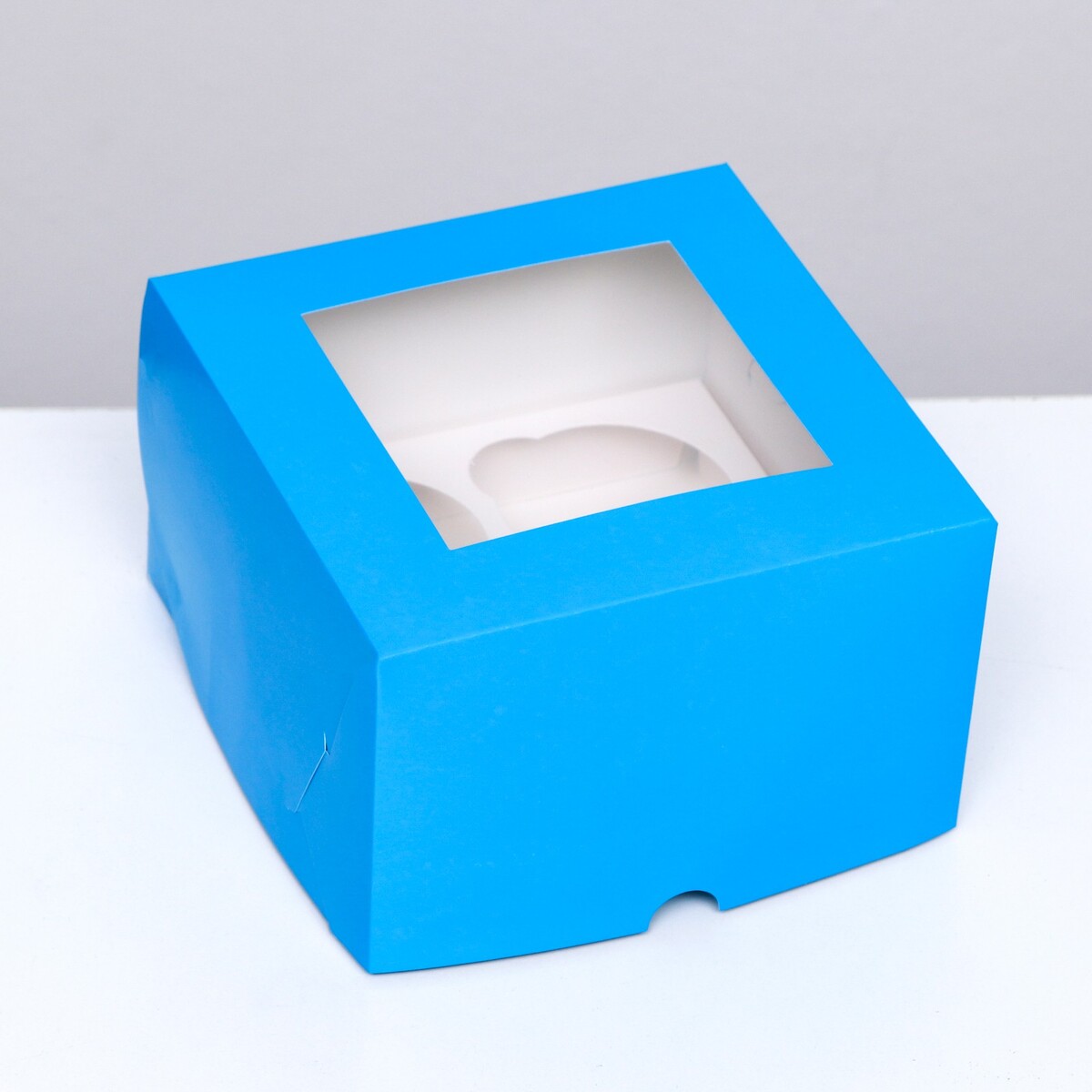 Упаковка под 4 капкейка с окном, голубая, 16 х 16 х 10 см
