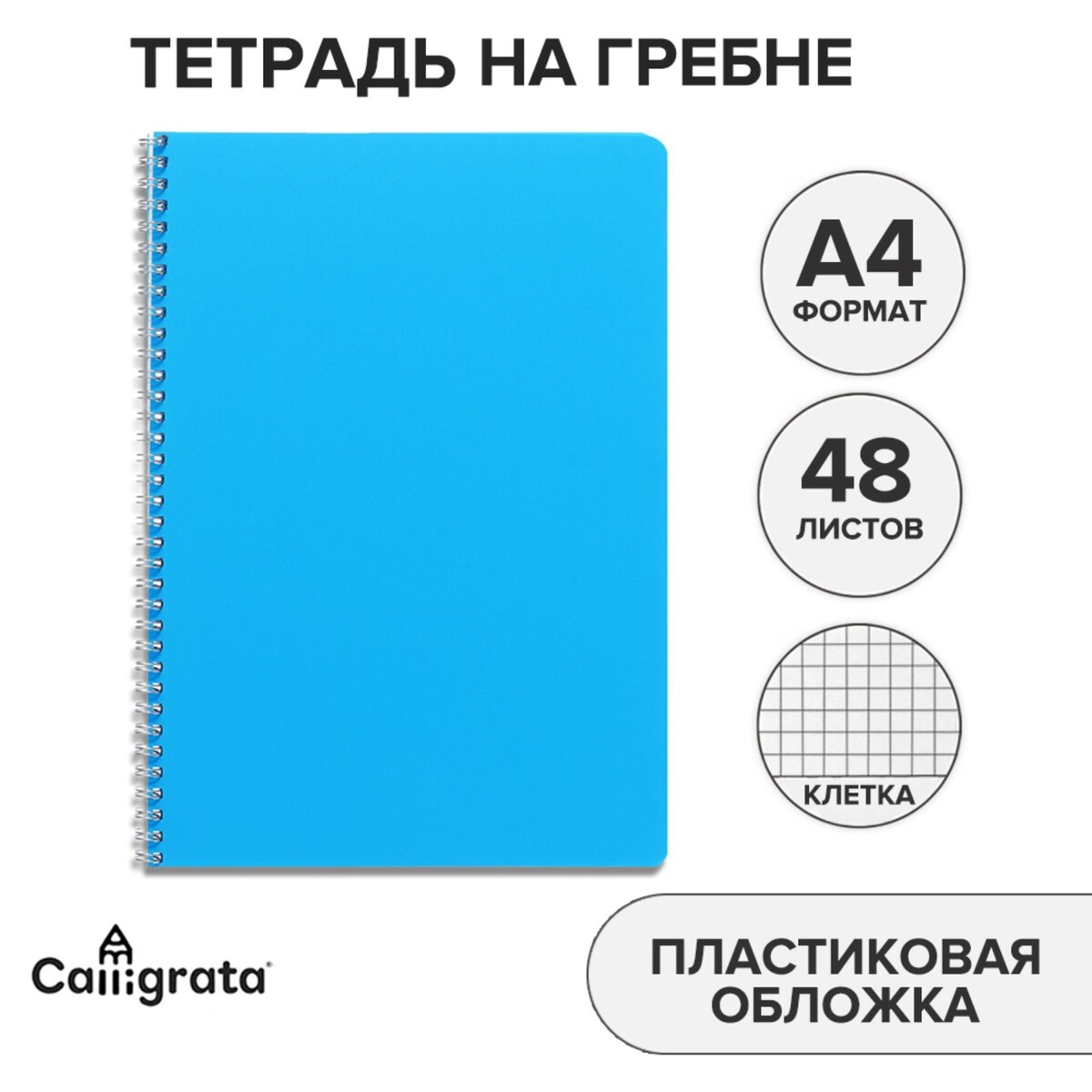 Тетрадь на гребне a4 48 листов в клетку calligrata голубая, пластиковая обложка, блок офсет