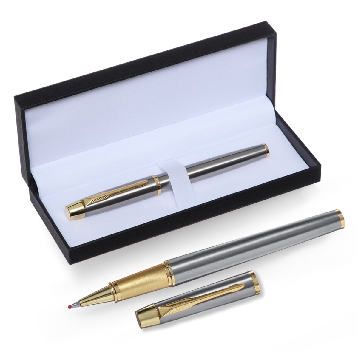 Ручка подарочная роллер в кожзам футляре, корпус серебро, золото
