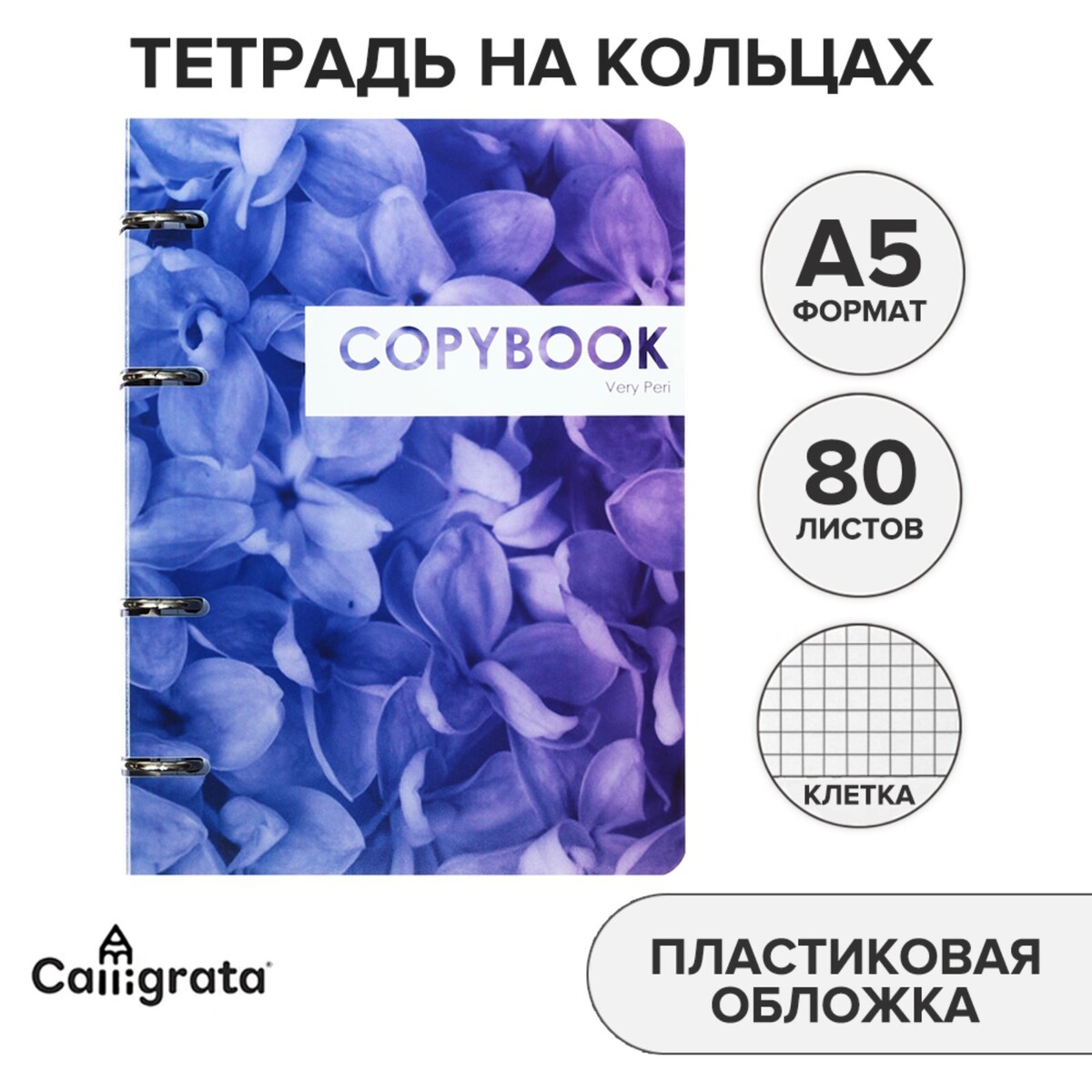 Тетрадь на кольцах, в клетку, 80 листов coopybook. very peri, пластиковая обложка, блок офсет блок для йоги sangh 23×15×8 фиолетовый