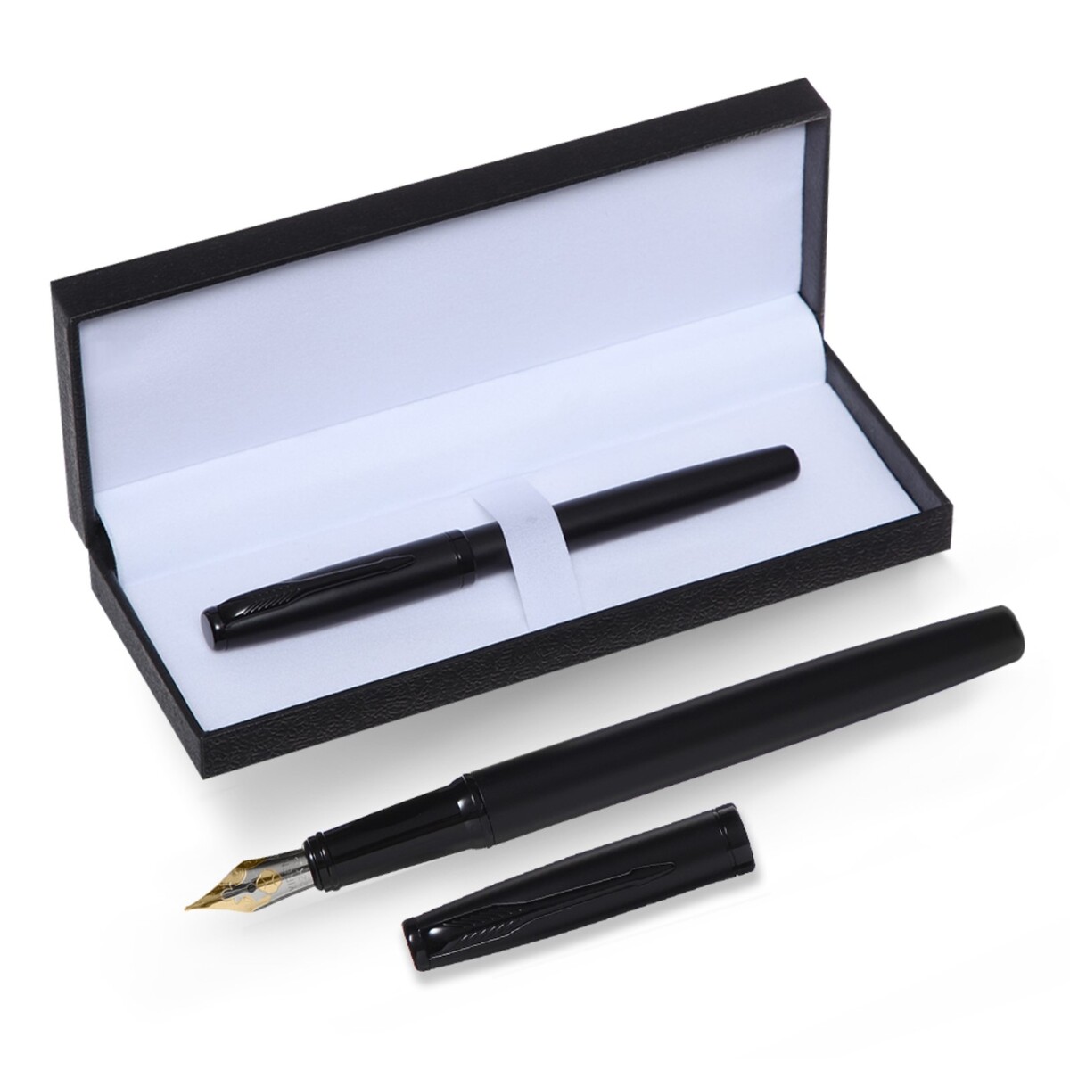 Ручка подарочная перьевая в кожзам футляре, корпус матовый черный ручка перьевая 7 картриджей чёрных поршень блистер микс