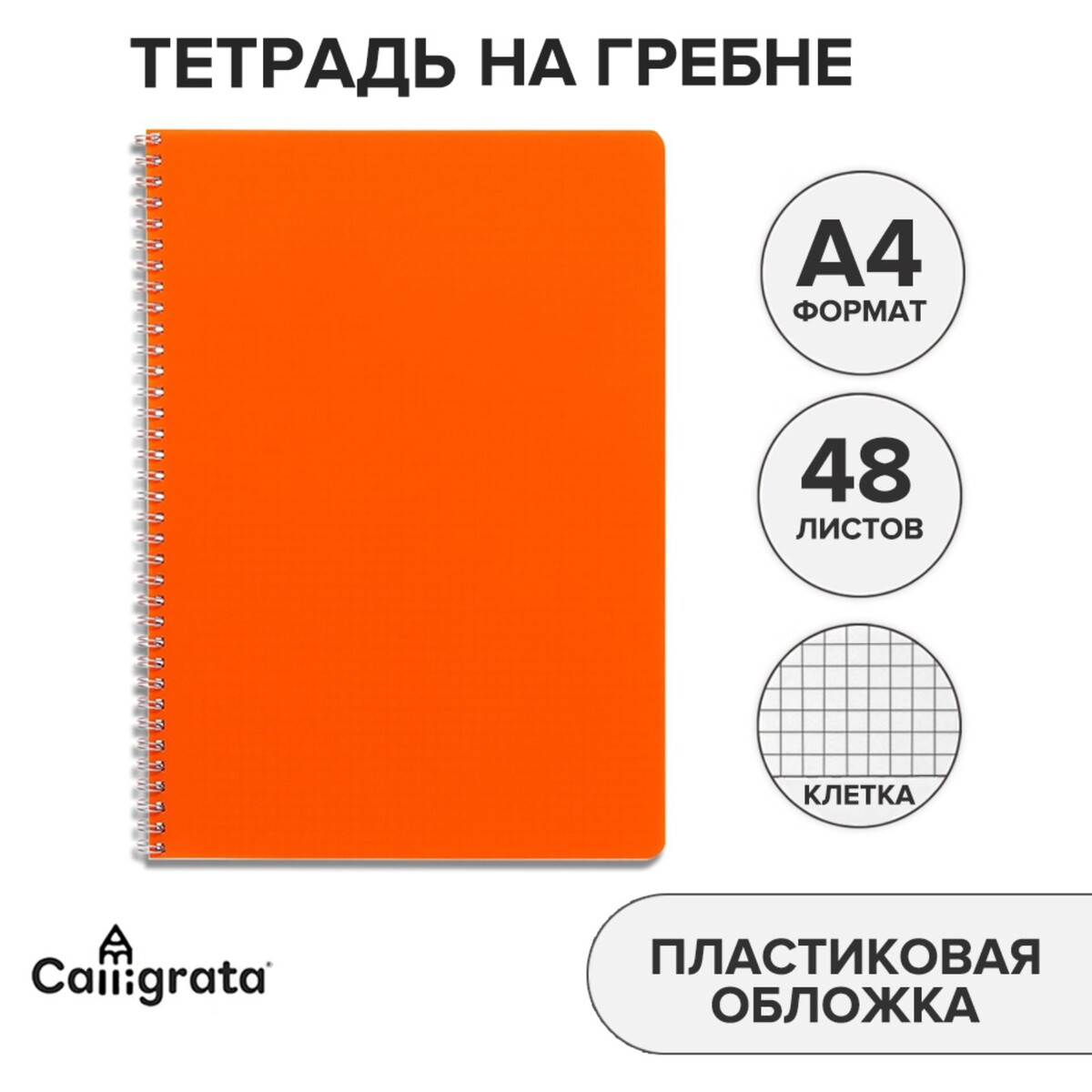 Тетрадь на гребне a4 48 листов в клетку calligrata оранжевая, пластиковая обложка, блок офсет