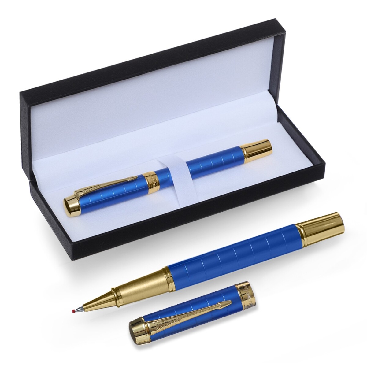 Ручка подарочная роллер, в кожзам футляре, корпус синий, золото ручка в футляре
