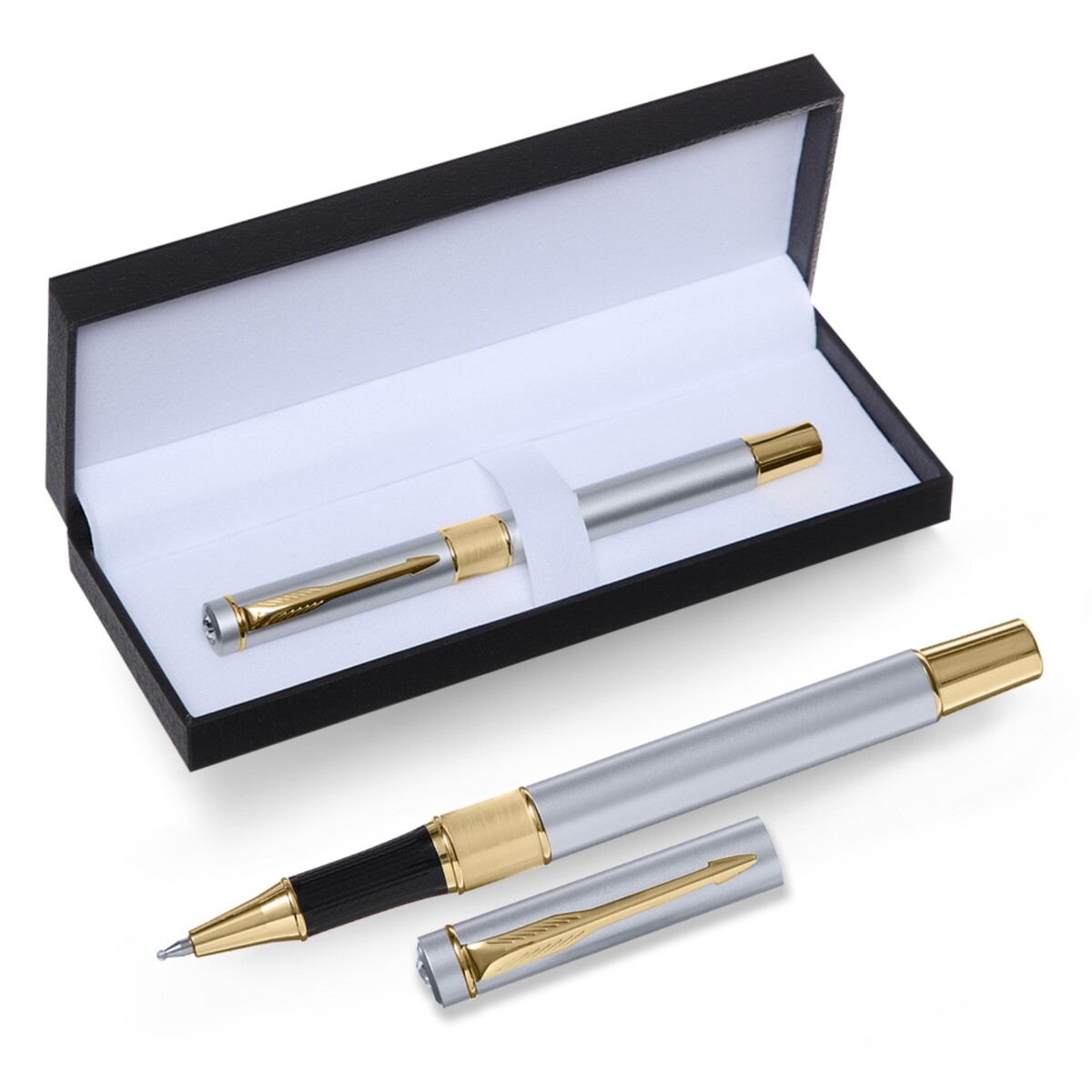 Ручка подарочная роллер, в кожзам футляре, корпус серебро, золото, черный