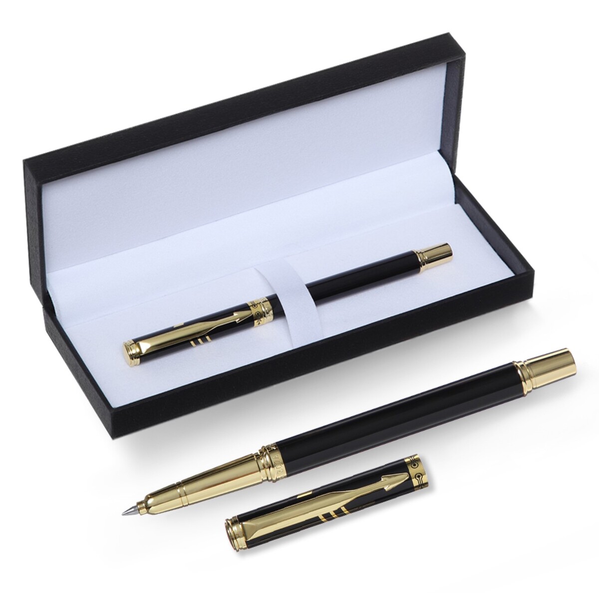 Ручка подарочная роллер в кожзам футляре, корпус черный,золото подарочная ручка в футляре кожзам