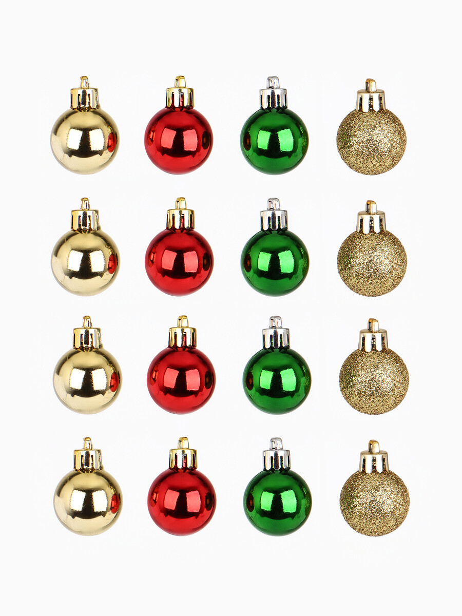 

Шары елочные новогодние, пластик, d=3 см, 16 шт., зеленые, красный и золотой, Зеленый;красный;золотистый