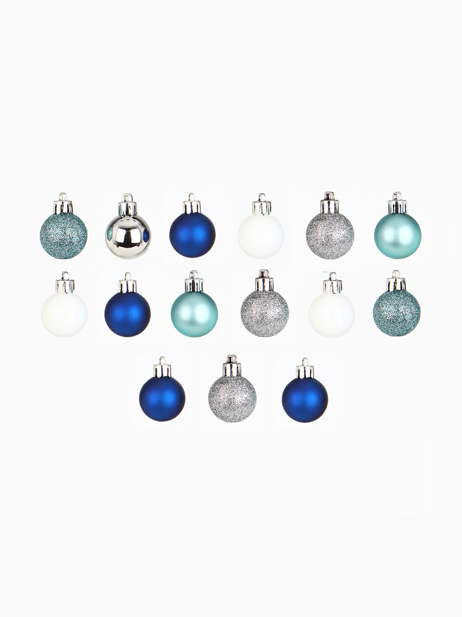 

Шары елочные новогодние, пластик, d=3 см, 16 шт., синие, серебристый, голубой и белый, Голубой;синий;серебристый