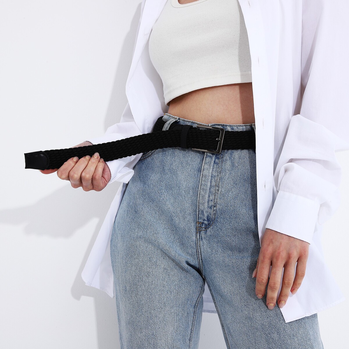 фото Ремень, ширина 3.5 см, резинка, пряжка металл, цвет черный no brand