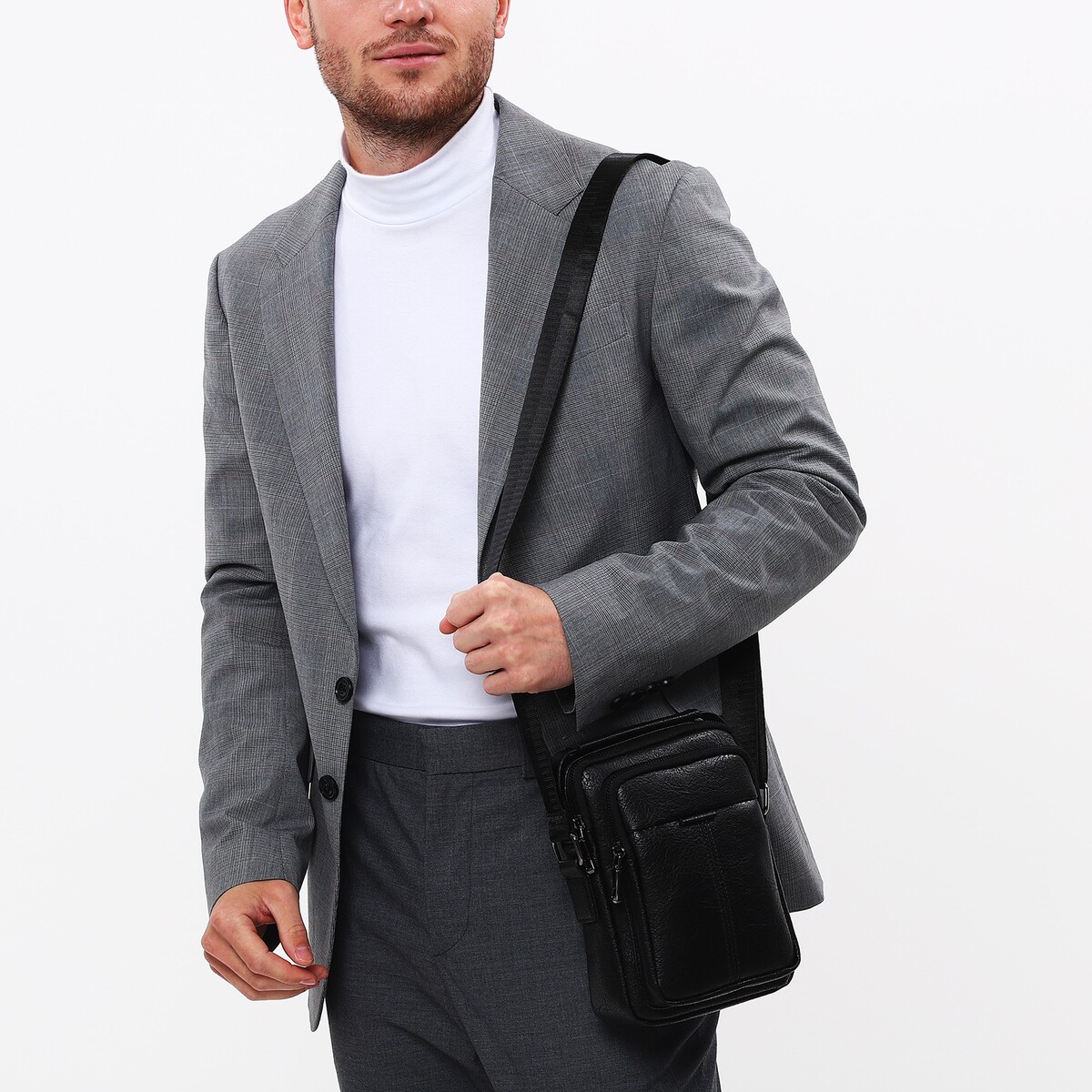 Сумка мужская на молнии, 2 наружных кармана, длинный ремень, цвет черный No brand 05591018 - фото 1