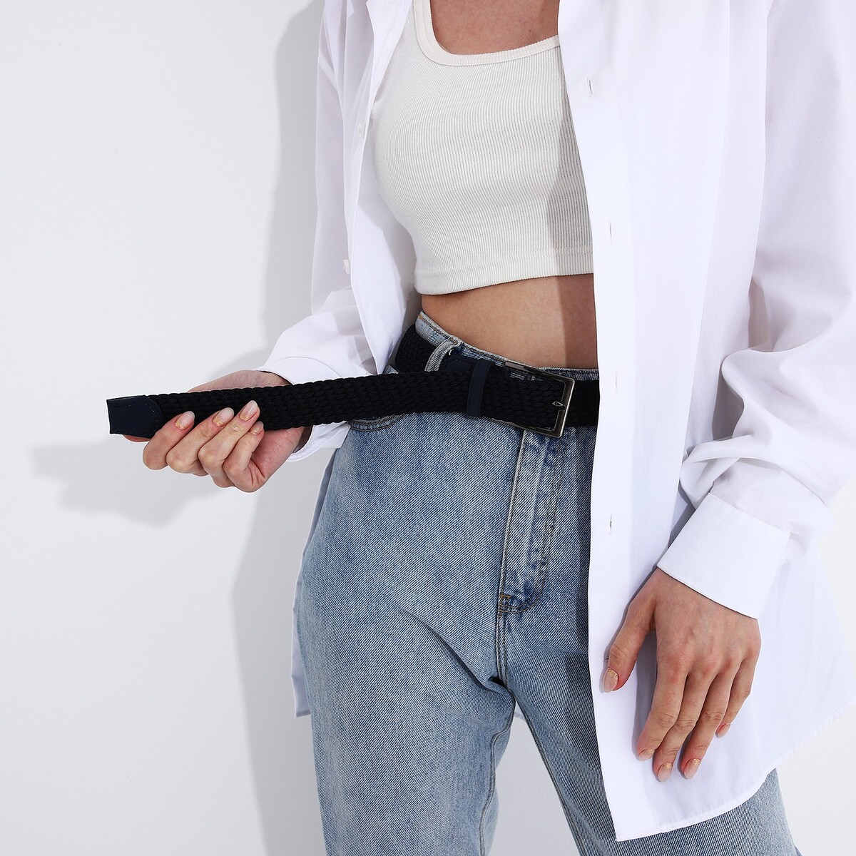 фото Ремень, ширина 3.5 см, резинка, пряжка металл, цвет синий no brand