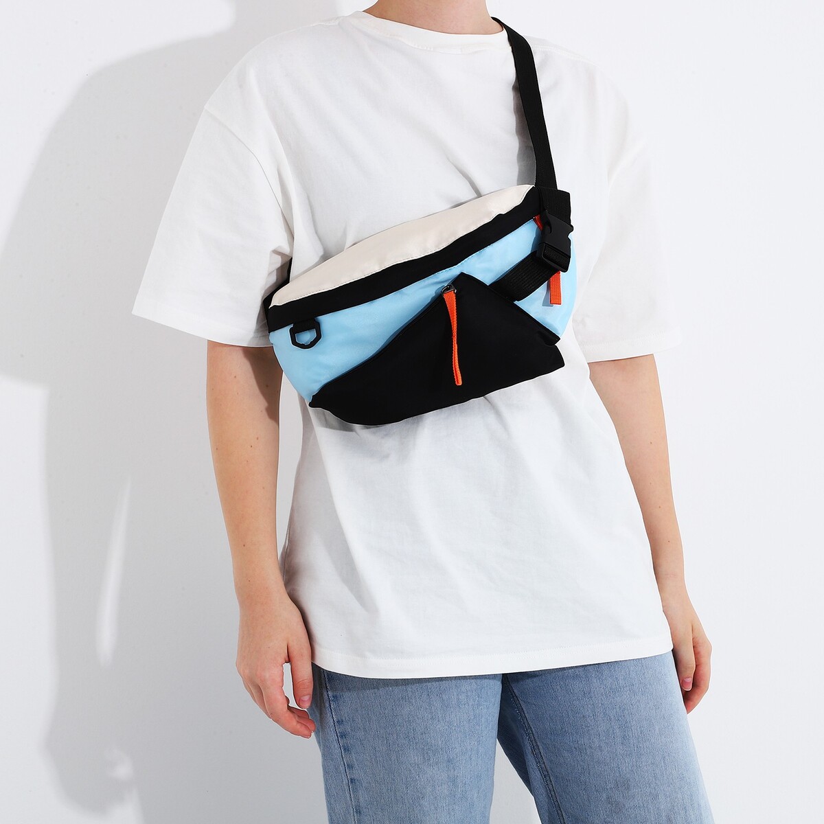 Сумка на одно плечо на молнии, 2 наружных кармана, цвет голубой/черный сумка на одно плечо на молнии 2 наружных кармана