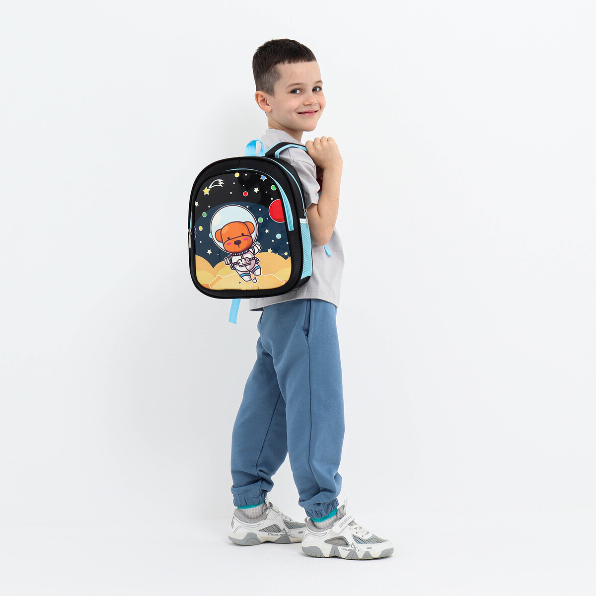 Рюкзак детский на молнии, 3 наружных кармана, цвет черный/голубой