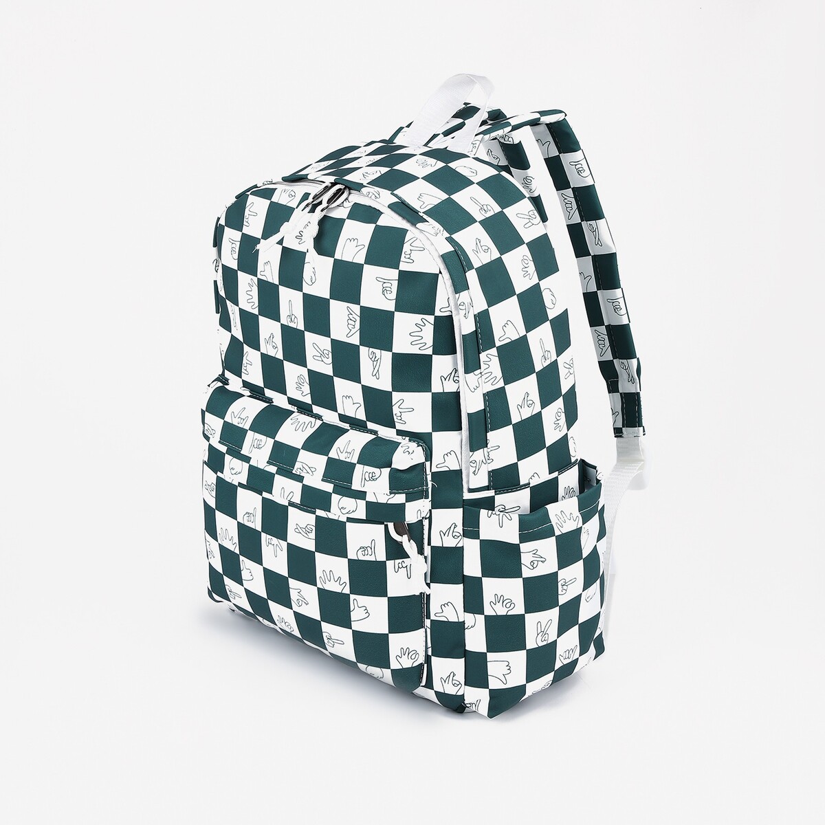 Рюкзак молодежный из текстиля, 4 кармана, цвет белый/зеленый