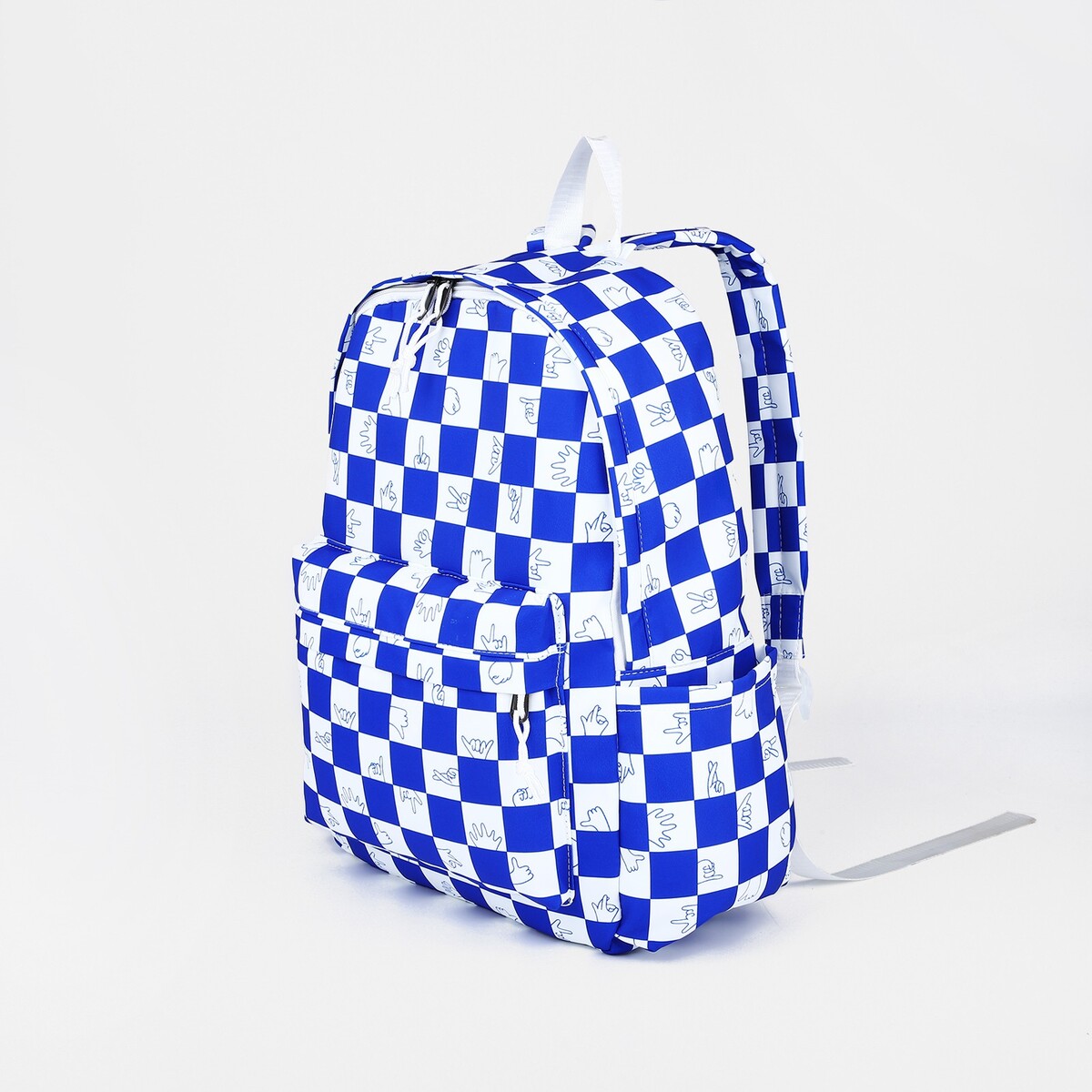 Рюкзак молодежный из текстиля, 4 кармана, цвет белый/синий