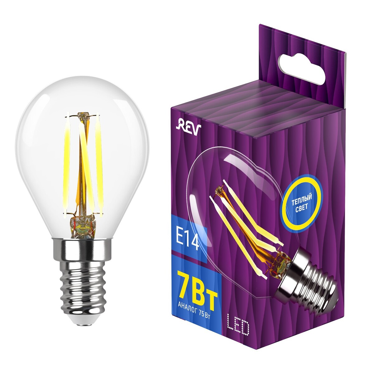 

Лампа filament, шар, g45, теплый свет, 7вт, e14, 2700k, 695лм, 32482 9, rev