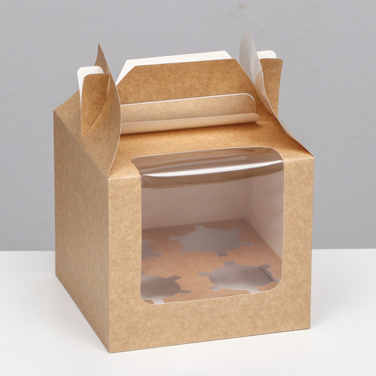 Кондитерская складная коробка для 4 капкейков, крафт 16 х 16 х 14 см коробка для муссовых пирожных 9 штук 30x30x8 крафт