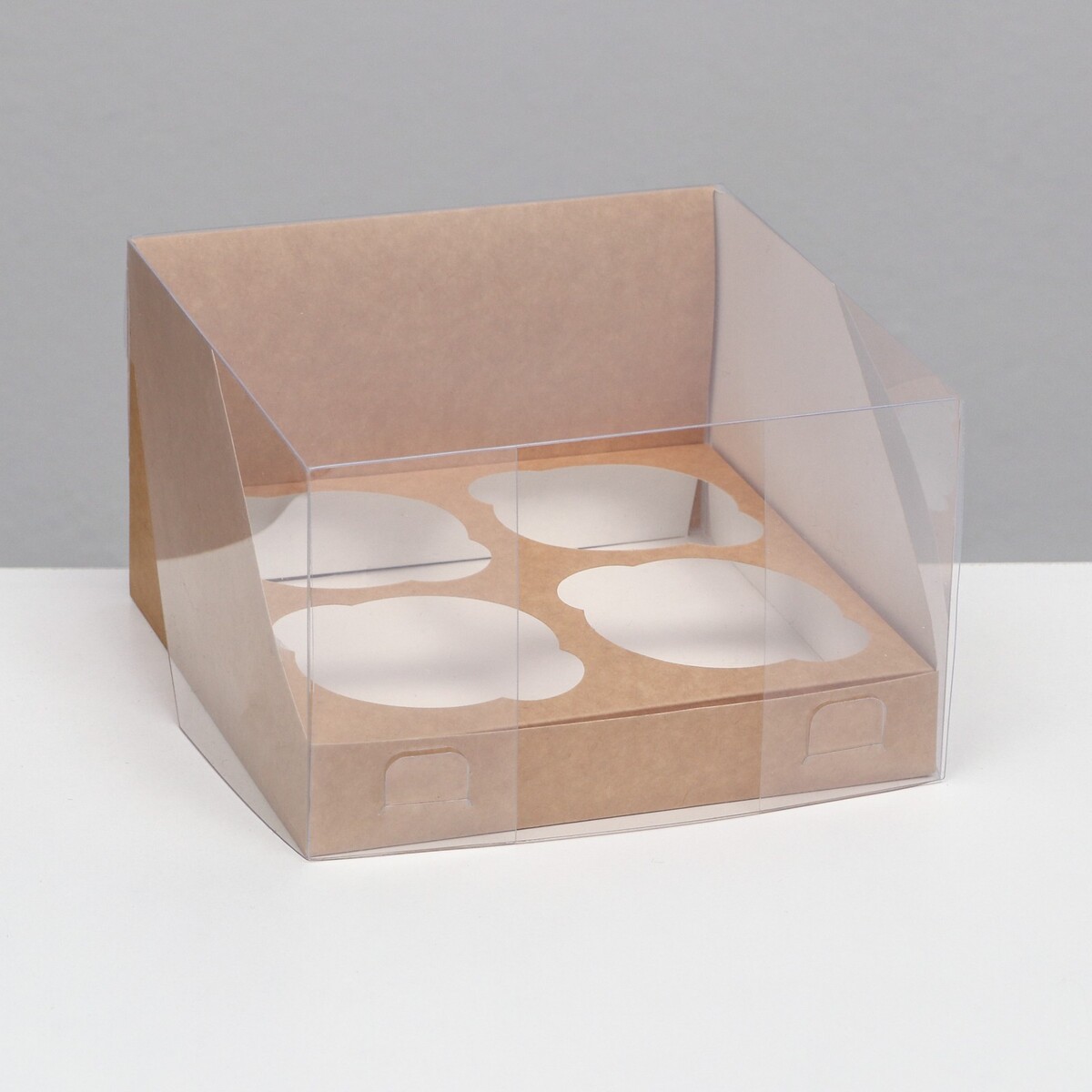 Кондитерская складная коробка для 4 капкейков, крафт 16 х 16 х 10 см коробка для муссовых пирожных 9 штук 30x30x8 крафт