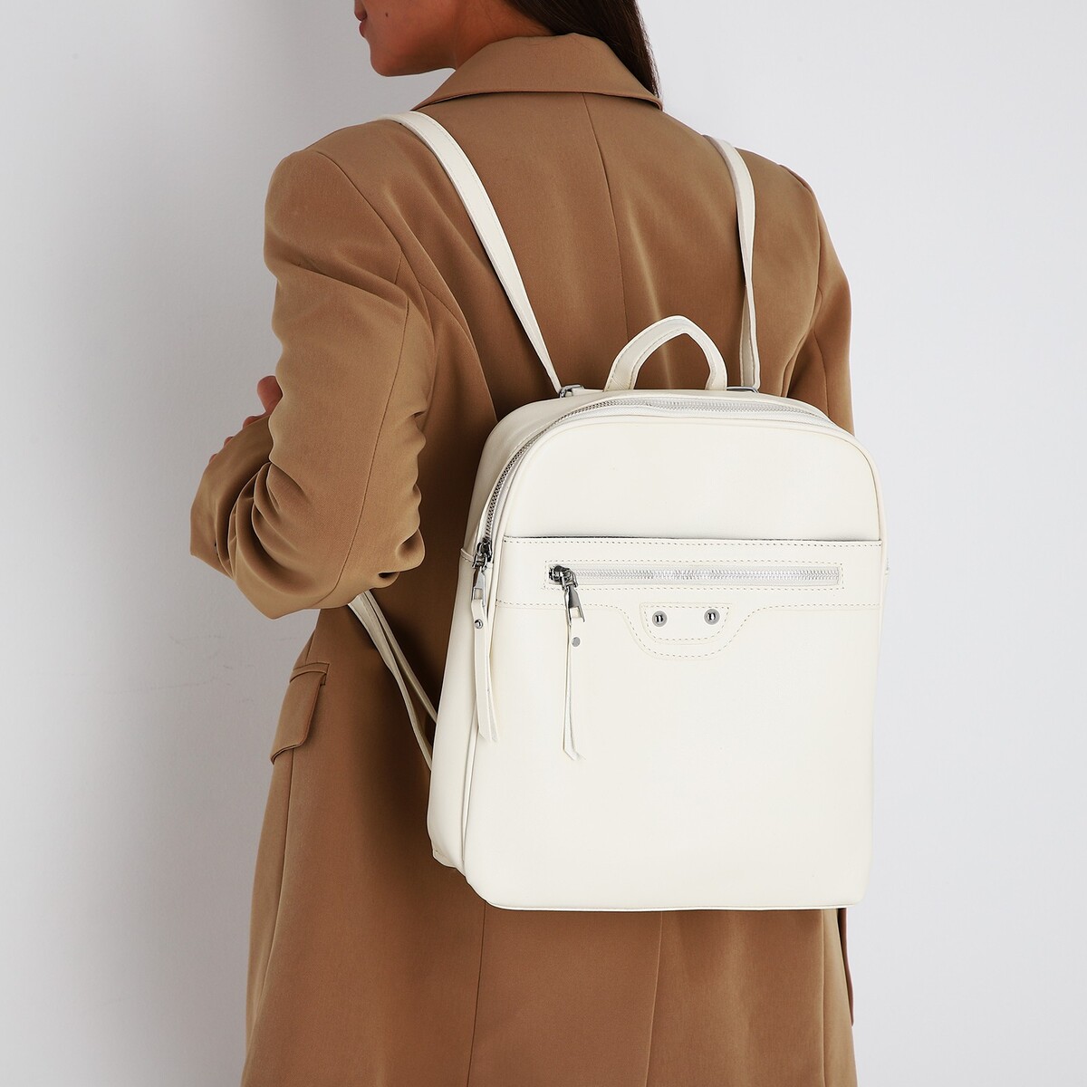 Рюкзак женский из искусственной кожи на молнии, 3 кармана, цвет молочный No brand