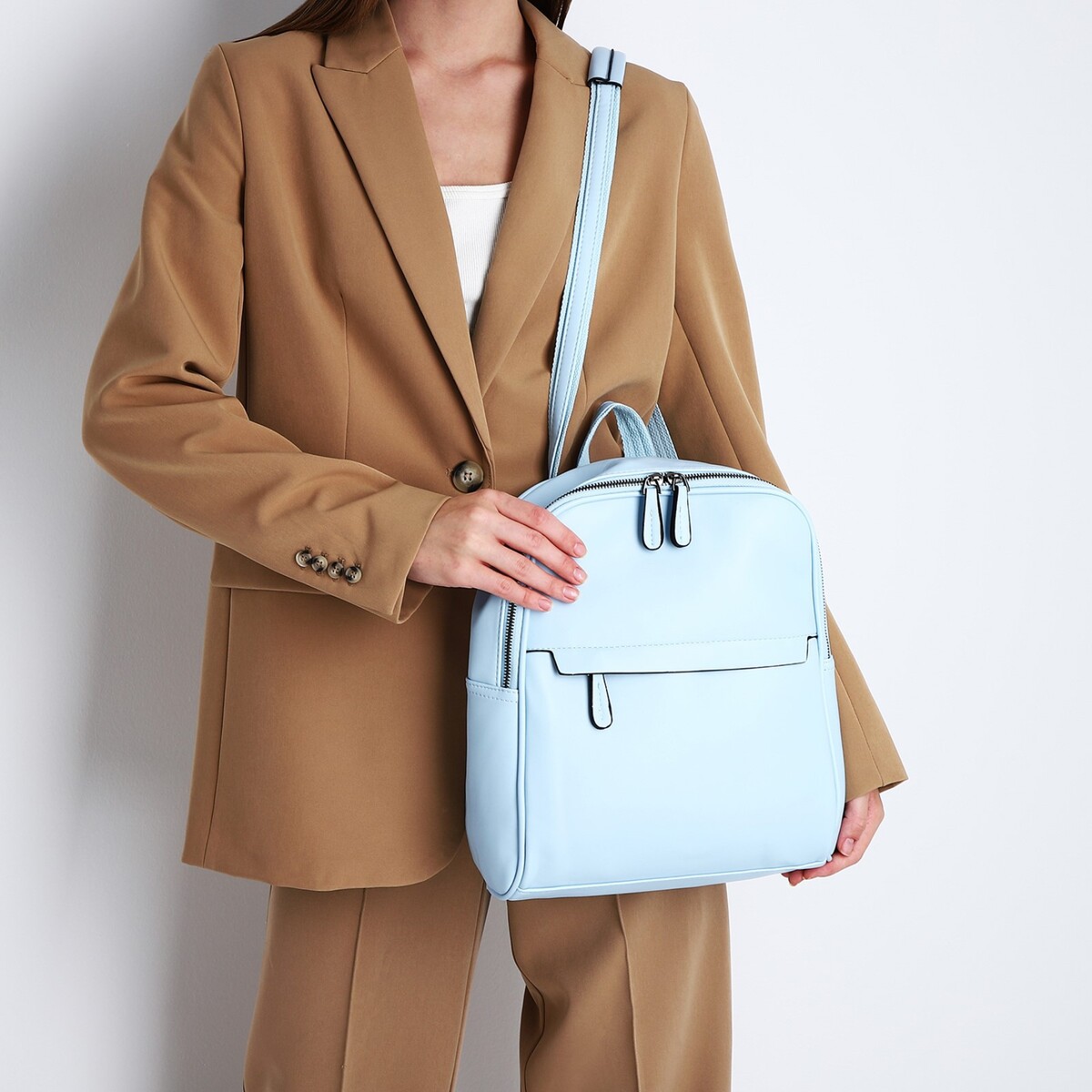 Рюкзак женский из искусственной кожи на молнии, 2 кармана, цвет голубой