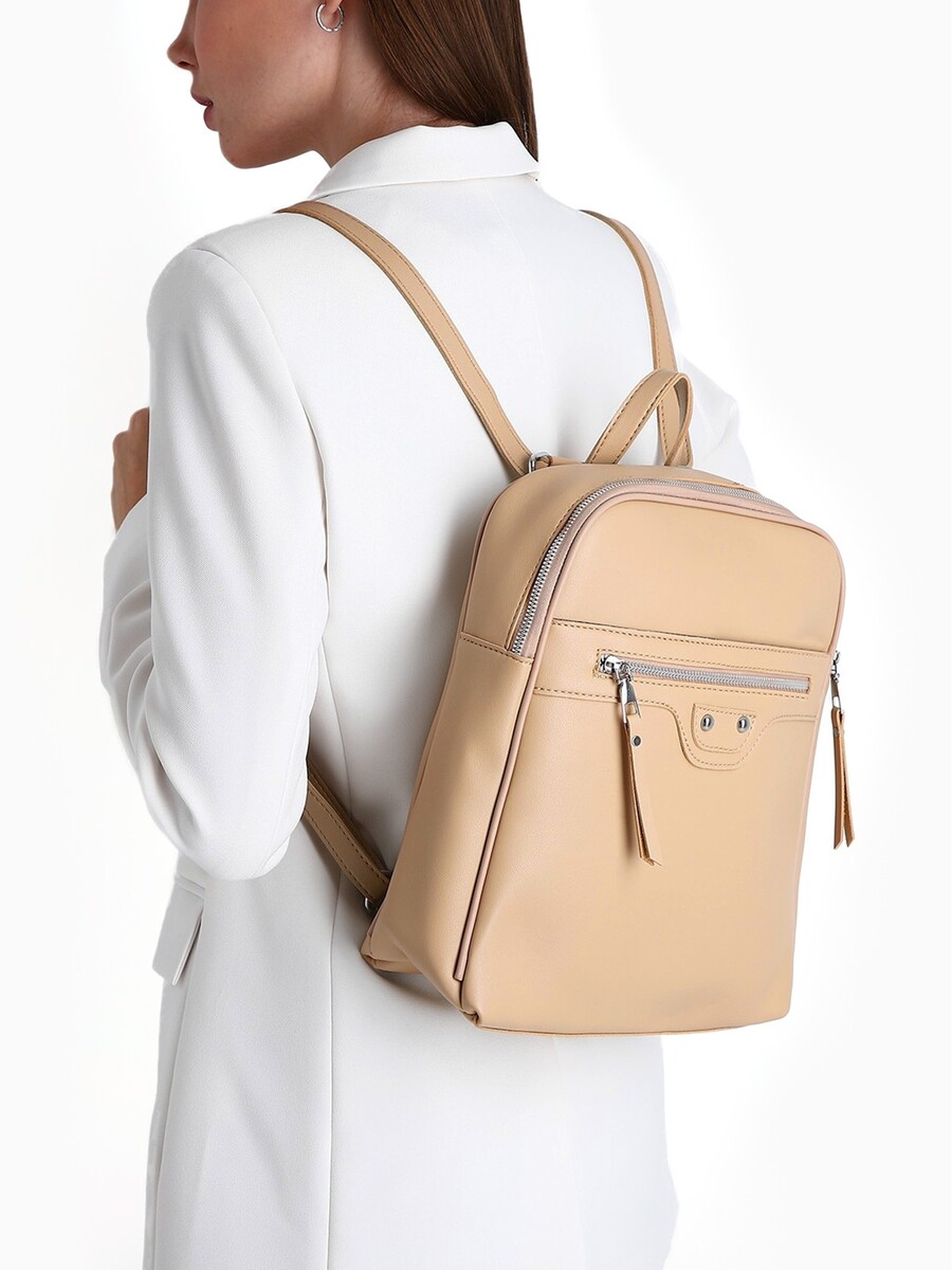 

Рюкзак женский на молнии, с карманами, размер 27×10×31 см, бежевый