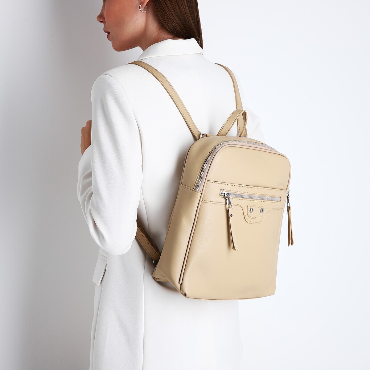Рюкзак женский из искусственной кожи на молнии, 3 кармана, цвет бежевый рюкзак школьный из текстиля 3 кармана белый бежевый