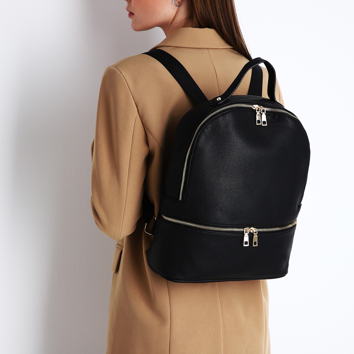 Рюкзак женский из искусственной кожи на молнии, 2 кармана, цвет черный