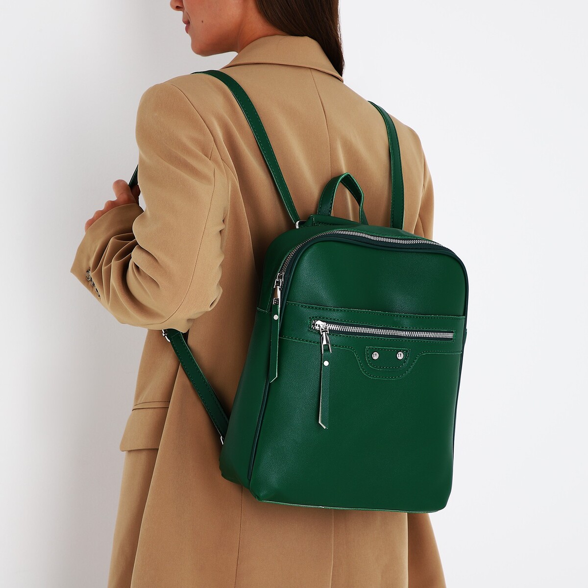 Рюкзак женский из искусственной кожи на молнии, 3 кармана, цвет зеленый