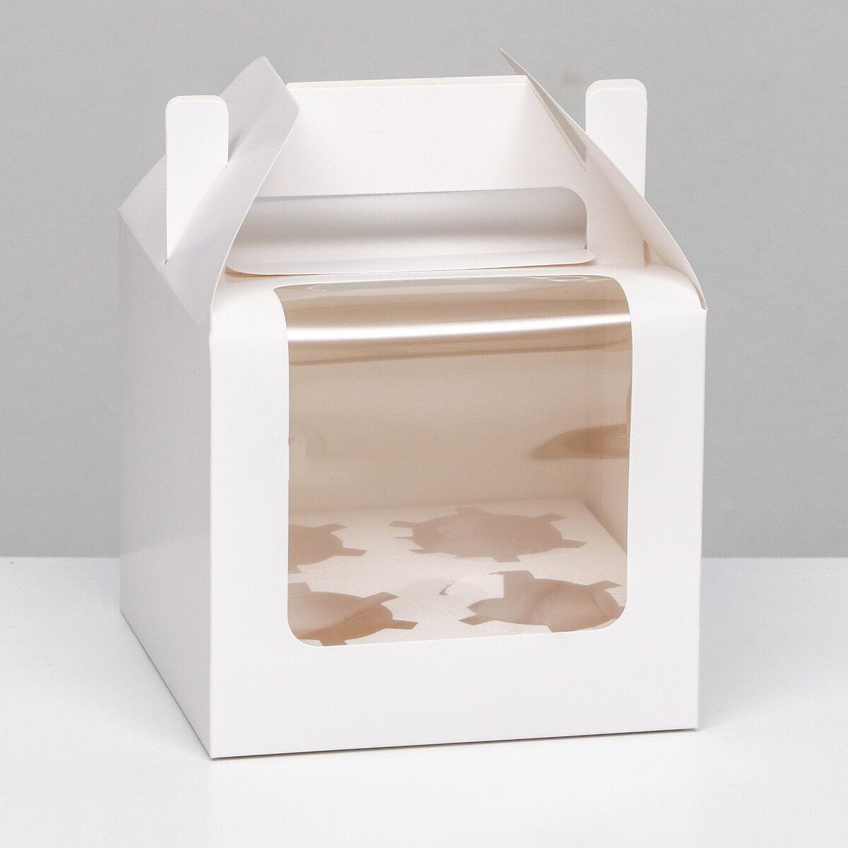 Кондитерская складная коробка для 4 капкейков, белая 16 х 16 х 14 см коробка самосборная белая 19 х 19 х 3 см