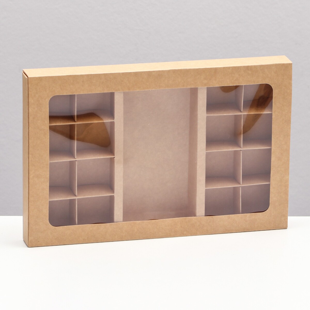 Коробка по 8 + 8 конфет + шоколад, с окном, крафт 30 х 19,5 х 3 см коробка под 8 конфет шоколад с окном
