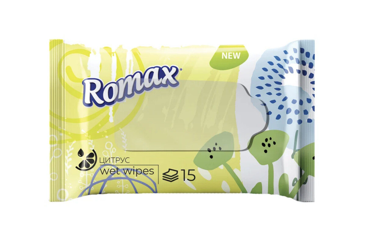 Romax салфетки влажные гигиенические цитрус ,15 шт Фабрика Ромакс
