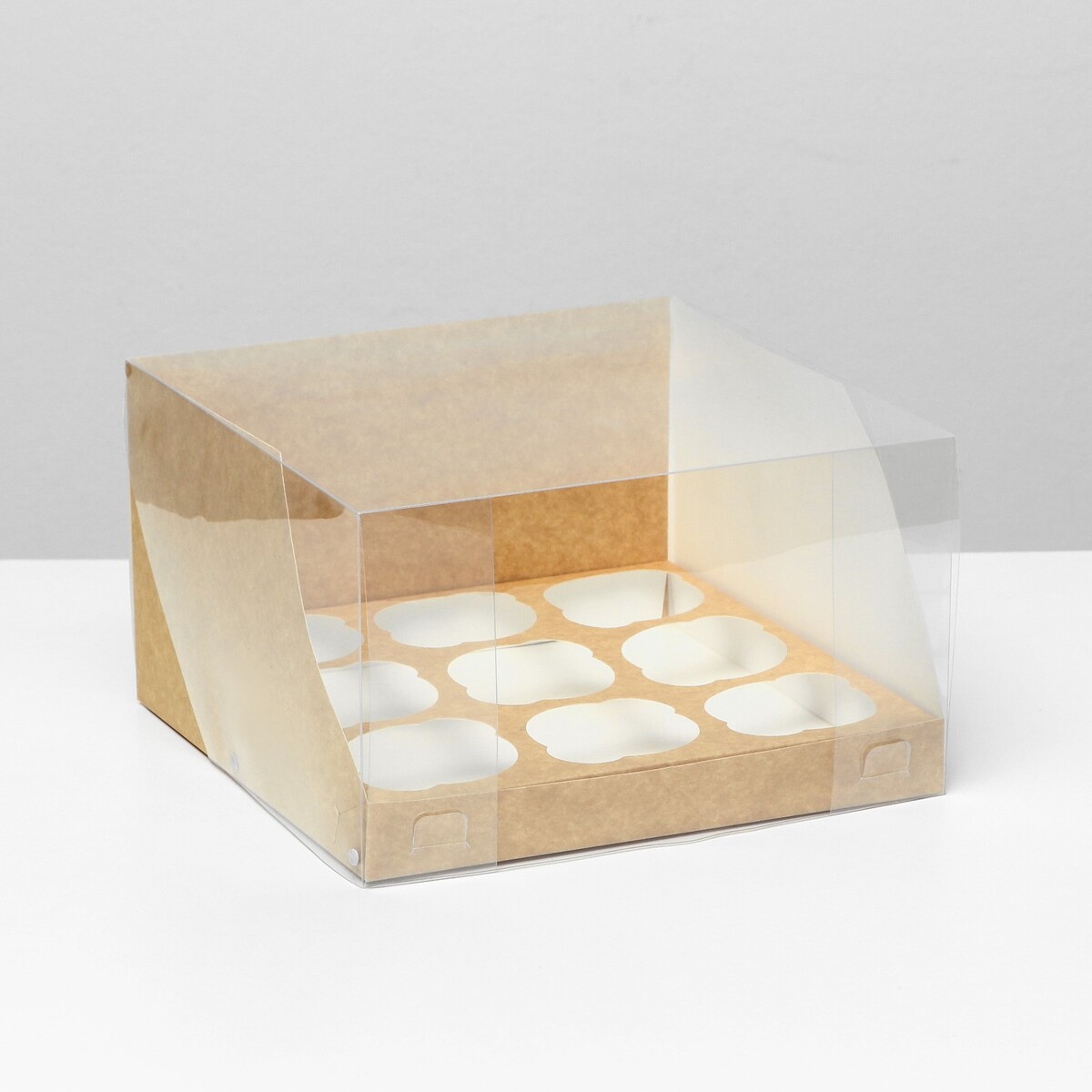 Кондитерская складная коробка для 9 капкейков крафт 23,5 x 23 x 14 коробка для муссовых пирожных 9 штук 30x30x8 крафт