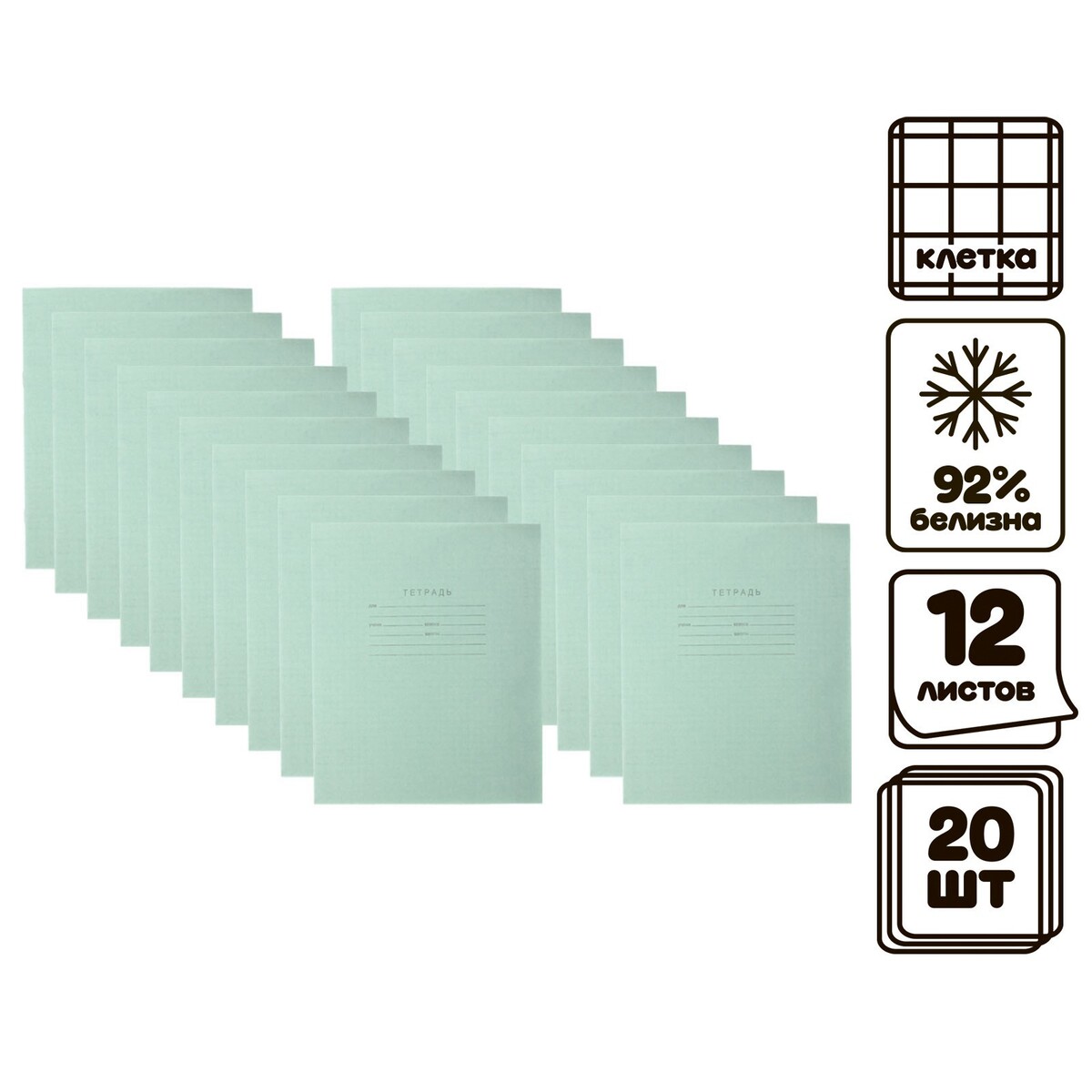 Комплект тетрадей из 20 штук, 12 листов в клетку кпк комплект тетрадей из 20 штук 12 листов в клетку зеленая обложка блок офсет 1 белизна 92%