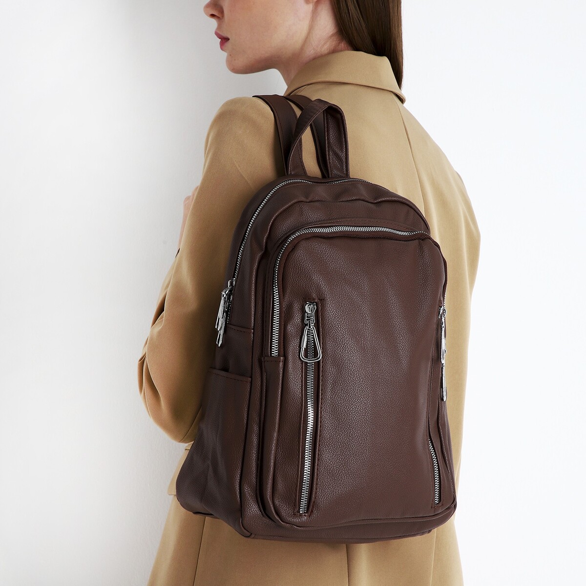 Рюкзак женский из искусственной кожи на молнии, 6 наружных карманов, цвет коричневый No brand