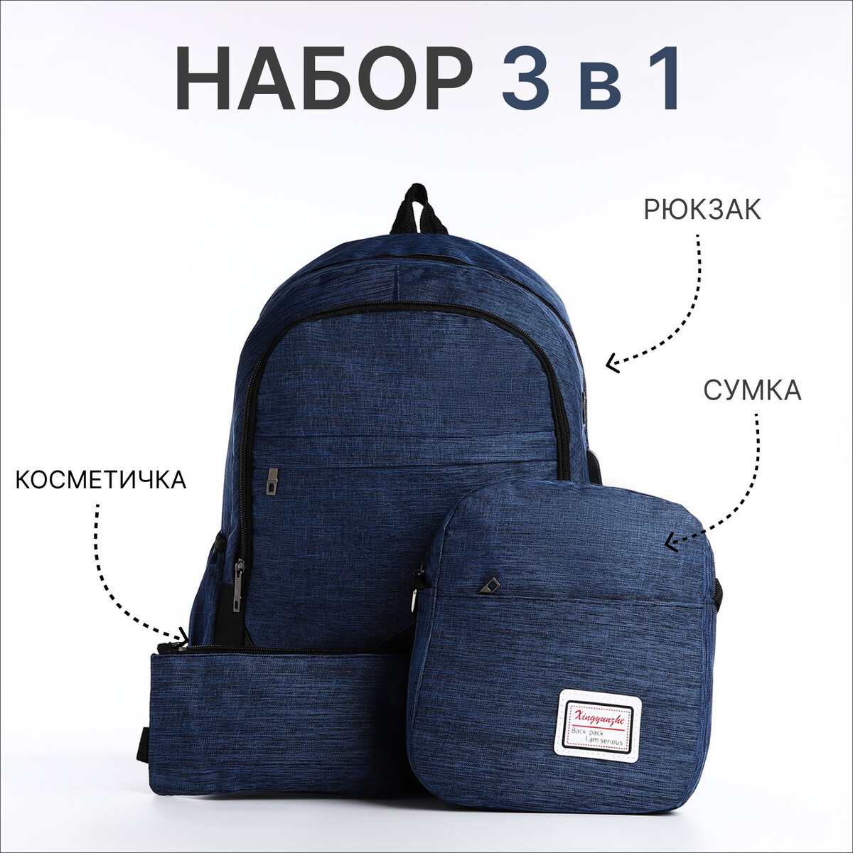 Рюкзак на молнии, с usb, 4 наружных кармана, сумка, пенал, цвет синий
