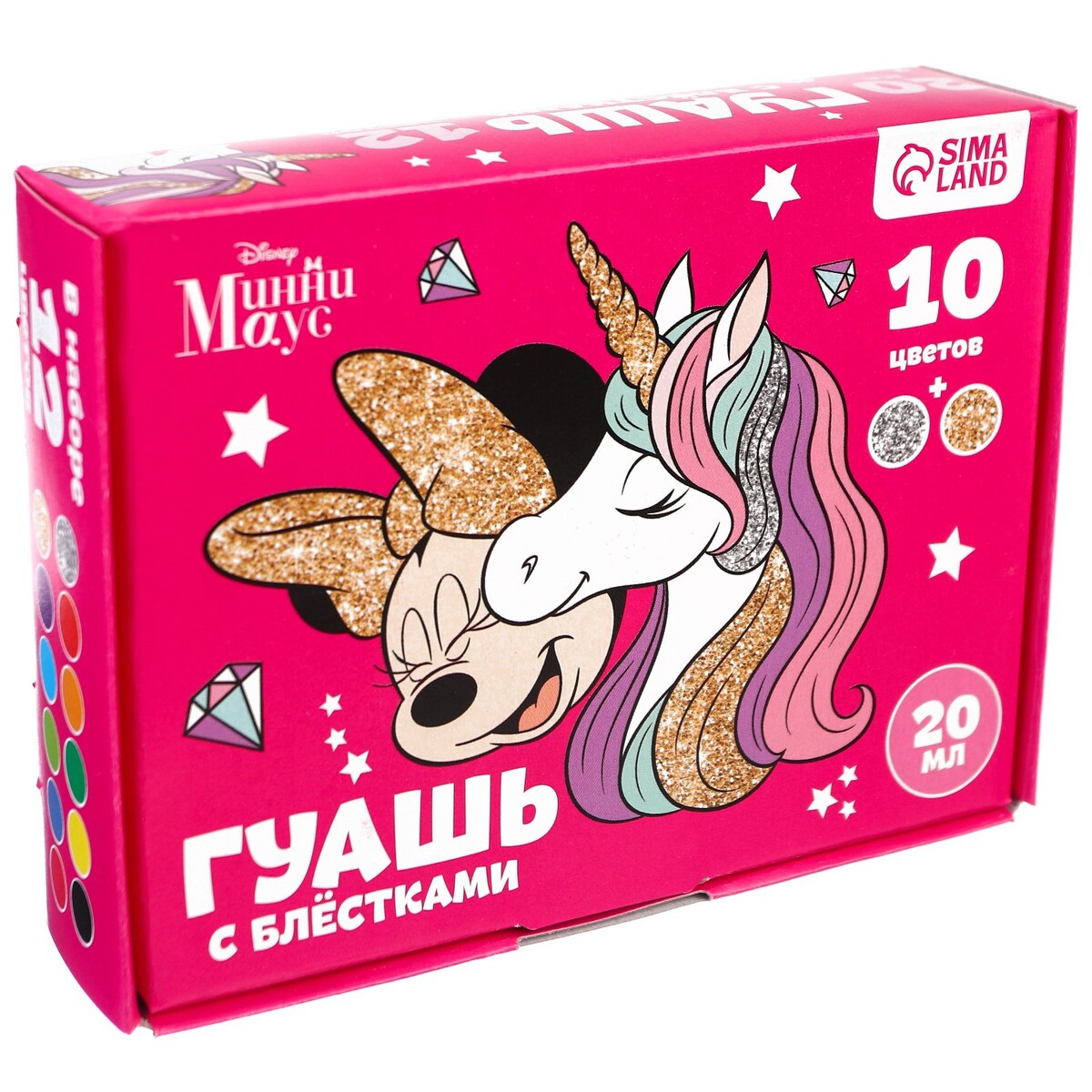 

Гуашь 10 цветов + 2 цвета с блестками по 20 мл единорог, минни маус, Микс