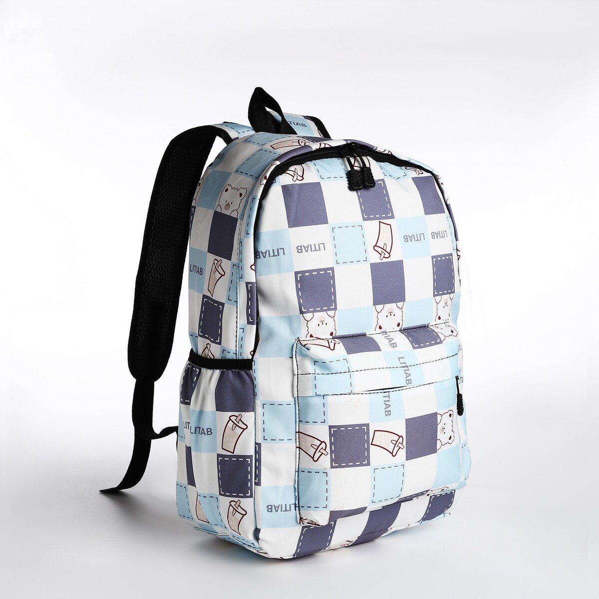 Рюкзак молодежный из текстиля, 3 кармана, цвет молочный/голубой
