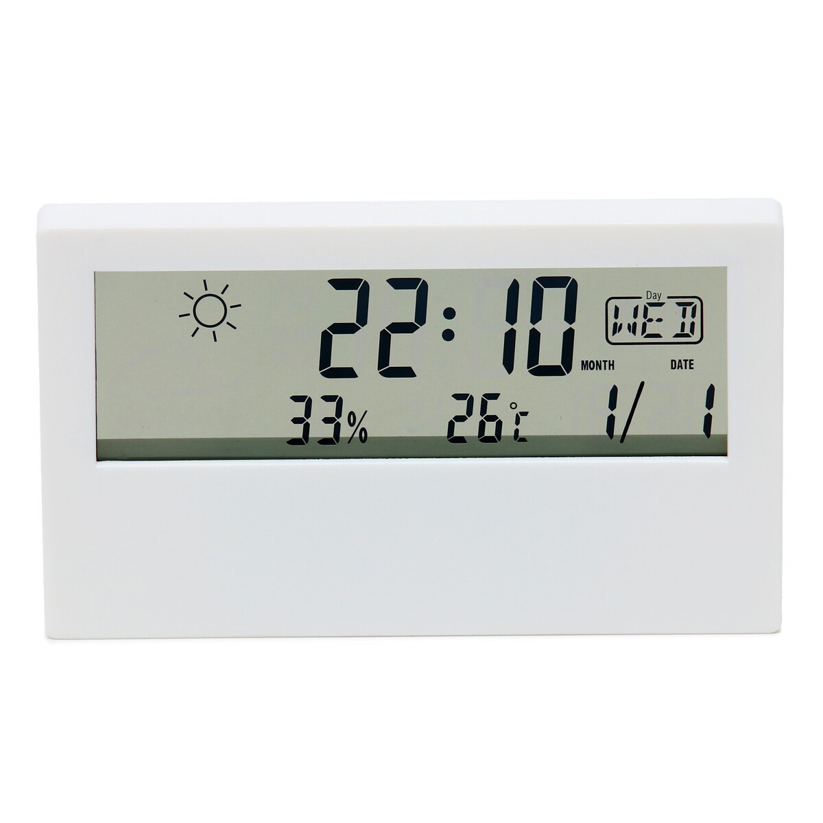 Часы настольные электронные: будильник, термометр, календарь, гигрометр, 13.3х7.4 см, белые No brand