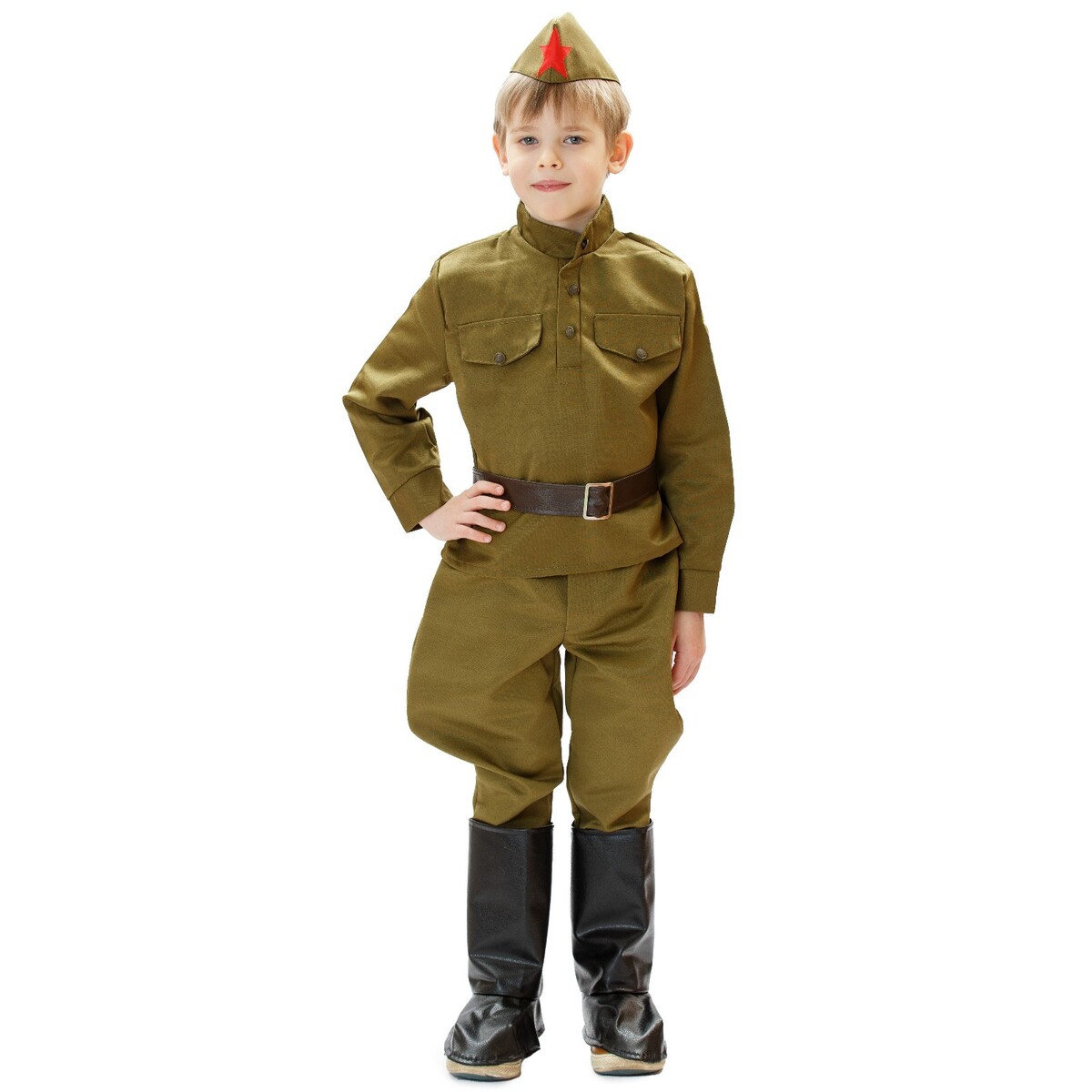 

Костюм военного, гимнастерка, ремень, пилотка, галифе, сапоги, 3-5 лет, рост 104-116 см