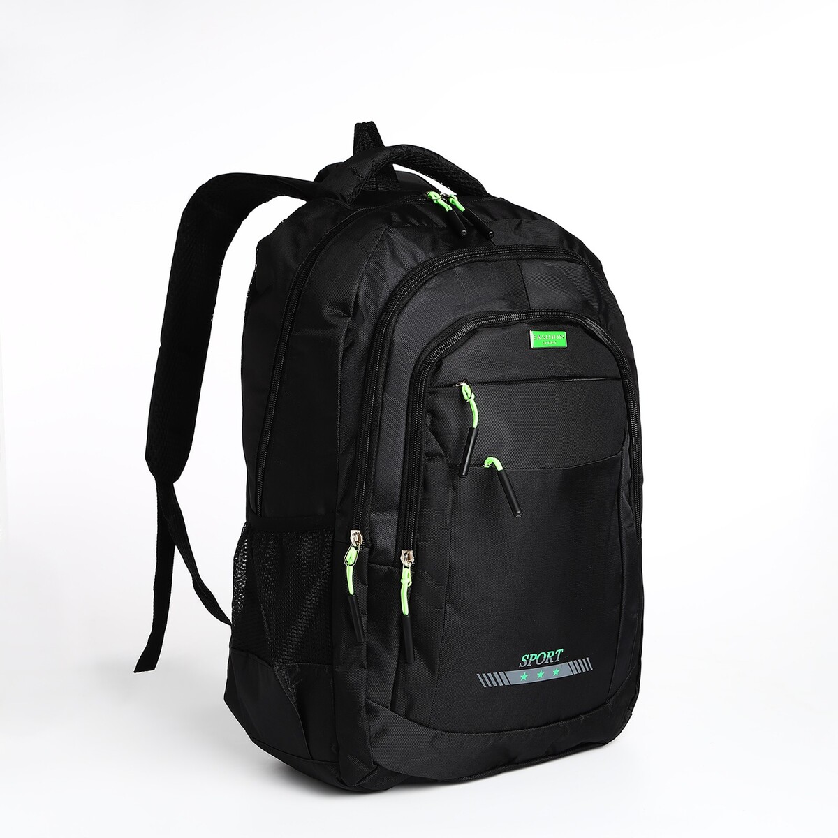 Рюкзак мужской на молнии, 4 наружных кармана, цвет черный/зеленый
