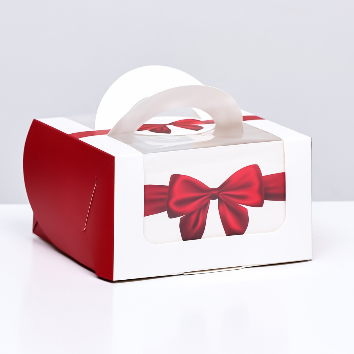 Коробка под бенто-торт с окном подарочная коробка красный бант средняя