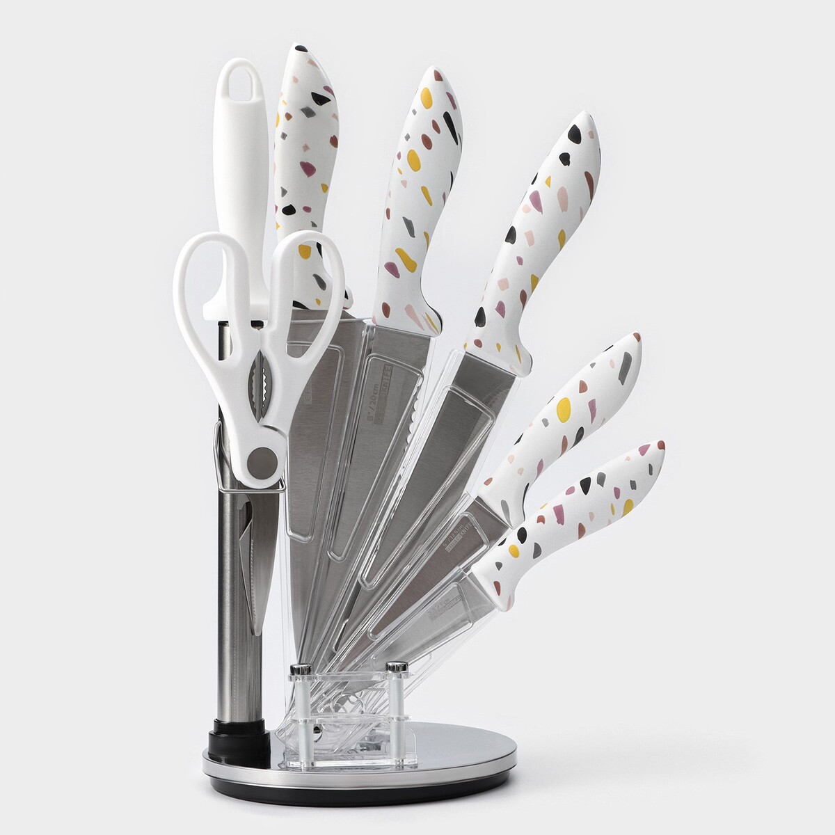 Набор ножей кухонных на подставке доляна sparkle, 7 предметов: 5 ножей, мусат и ножницы набор ножей с подставкой omada trendy 7 предметов жёлтый