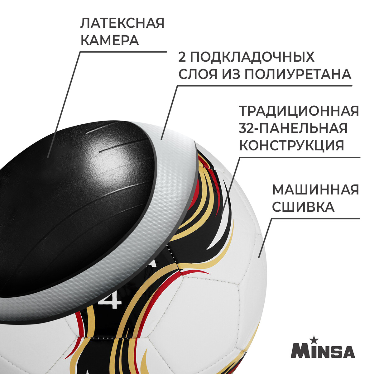 фото Мяч футбольный minsa futsal, pu, машинная сшивка, 32 панели, р. 4