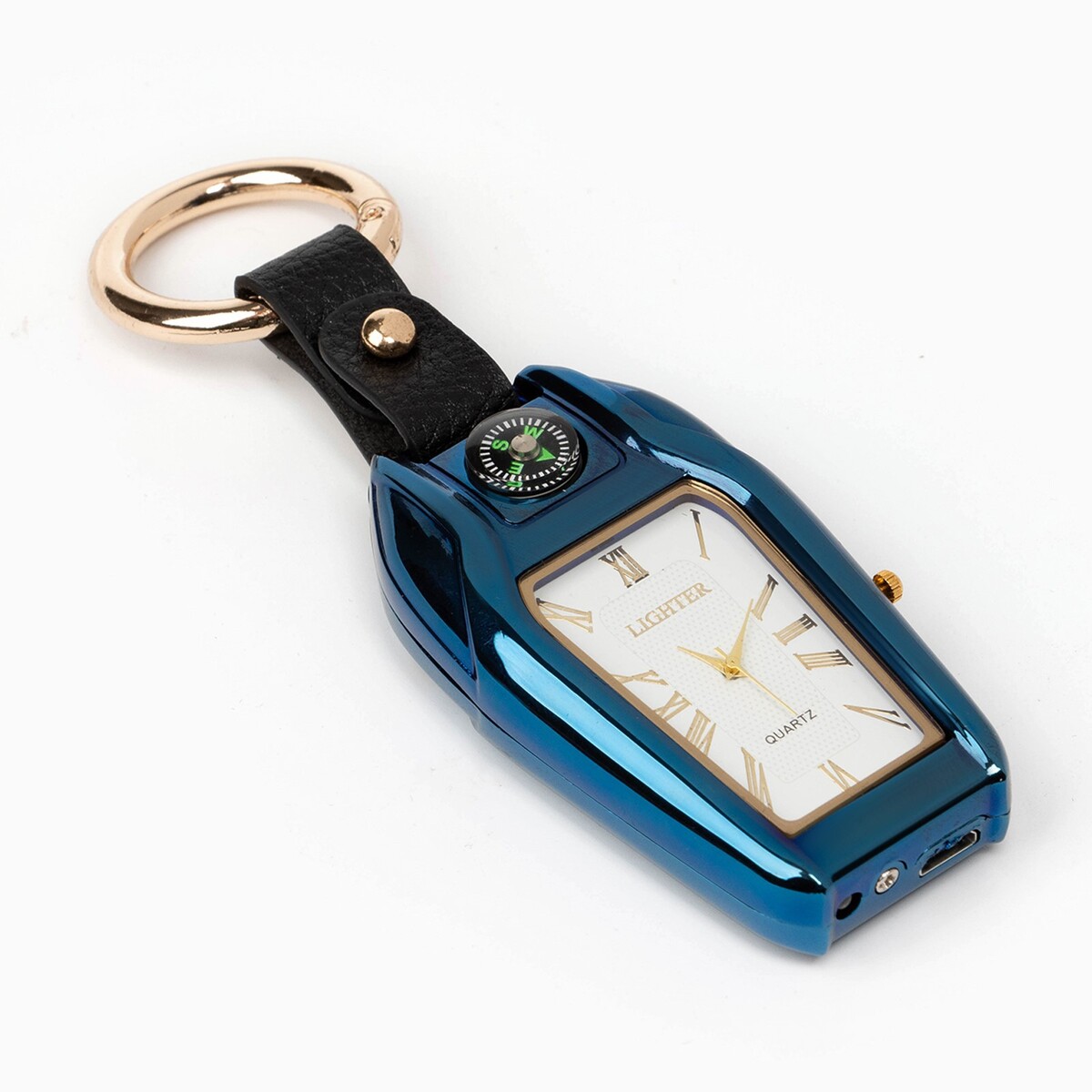 Зажигалка электронная с часами, компасом и фонарем, usb, спираль, 7.5 х 2.5 х 2 см, синяя рулетка с фонарем и отсеком для пакетов 5 м max 50 кг синяя
