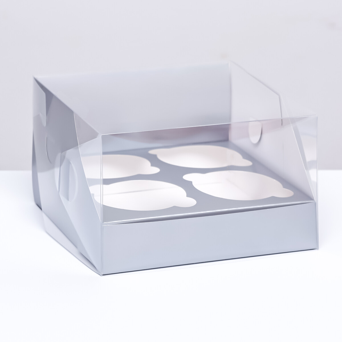 Кондитерская складная коробка для 4 капкейков 16 х 16 х 10 , серебро коробка под 6 капкейков