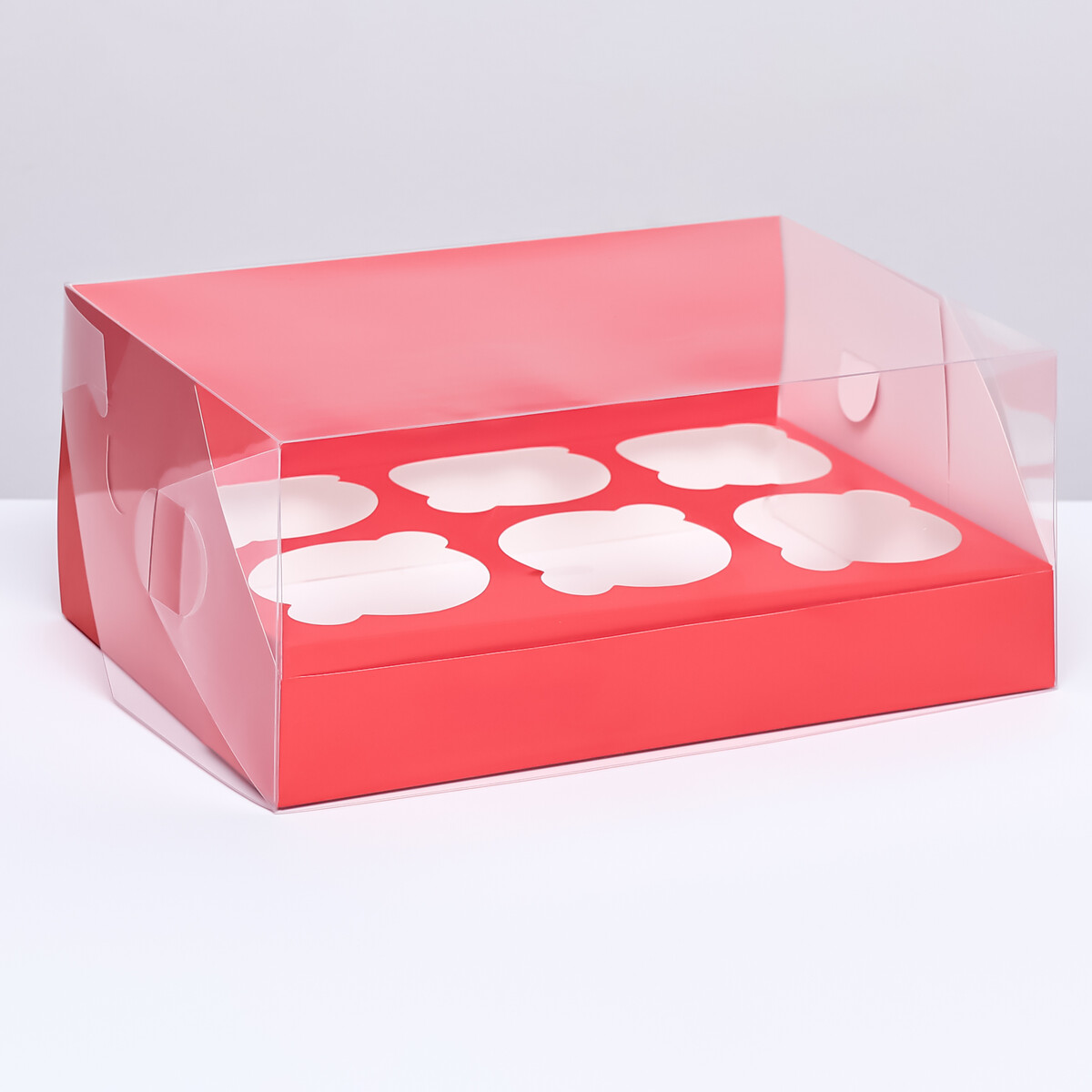 Кондитерская складная коробка для 6 капкейков 23,5 х 16 х 10 , красная коробка под 6 капкейков